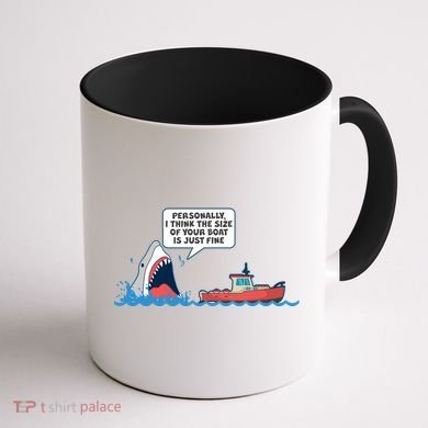 Funny Nice Shark And Fishing Boat Comic Coffee Mug back