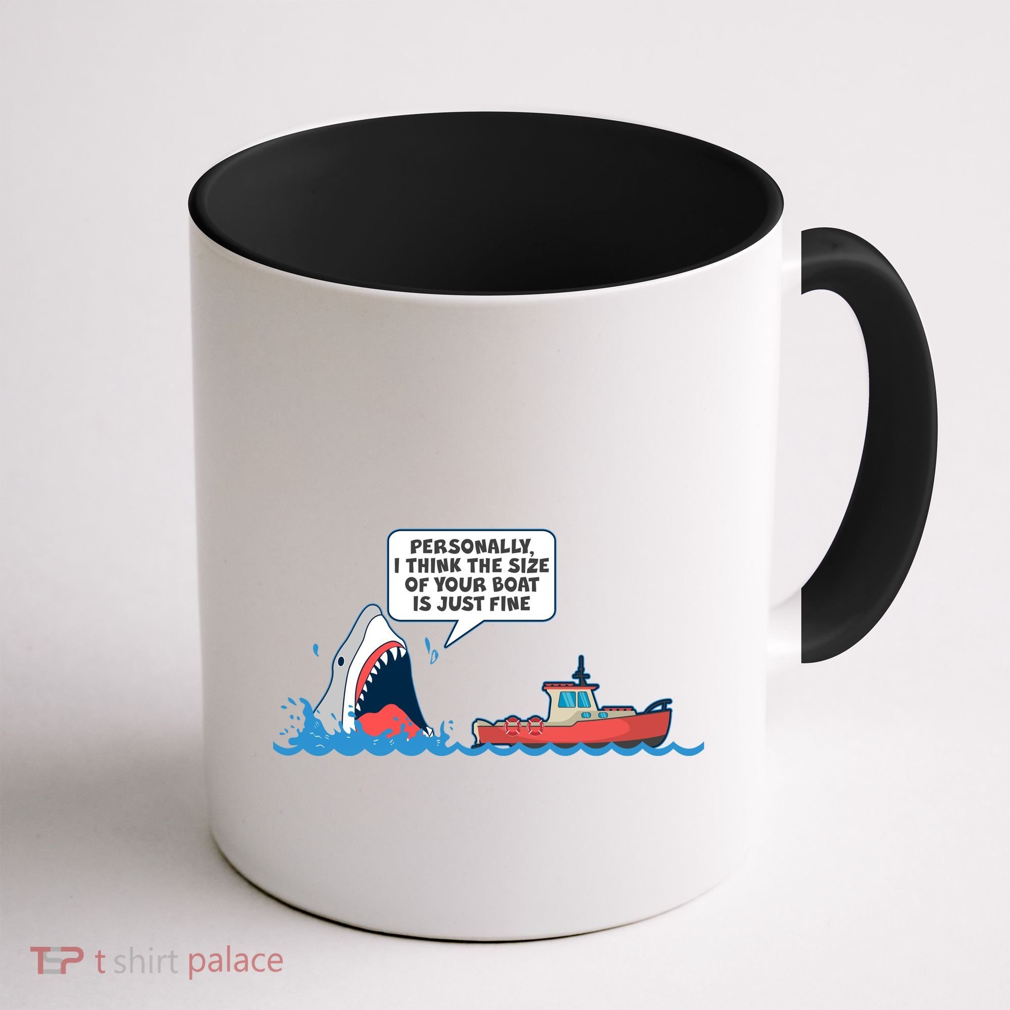 Funny Nice Shark And Fishing Boat Comic Coffee Mug