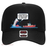 Funny Nice Shark And Fishing Boat Comic Hat thumb 0