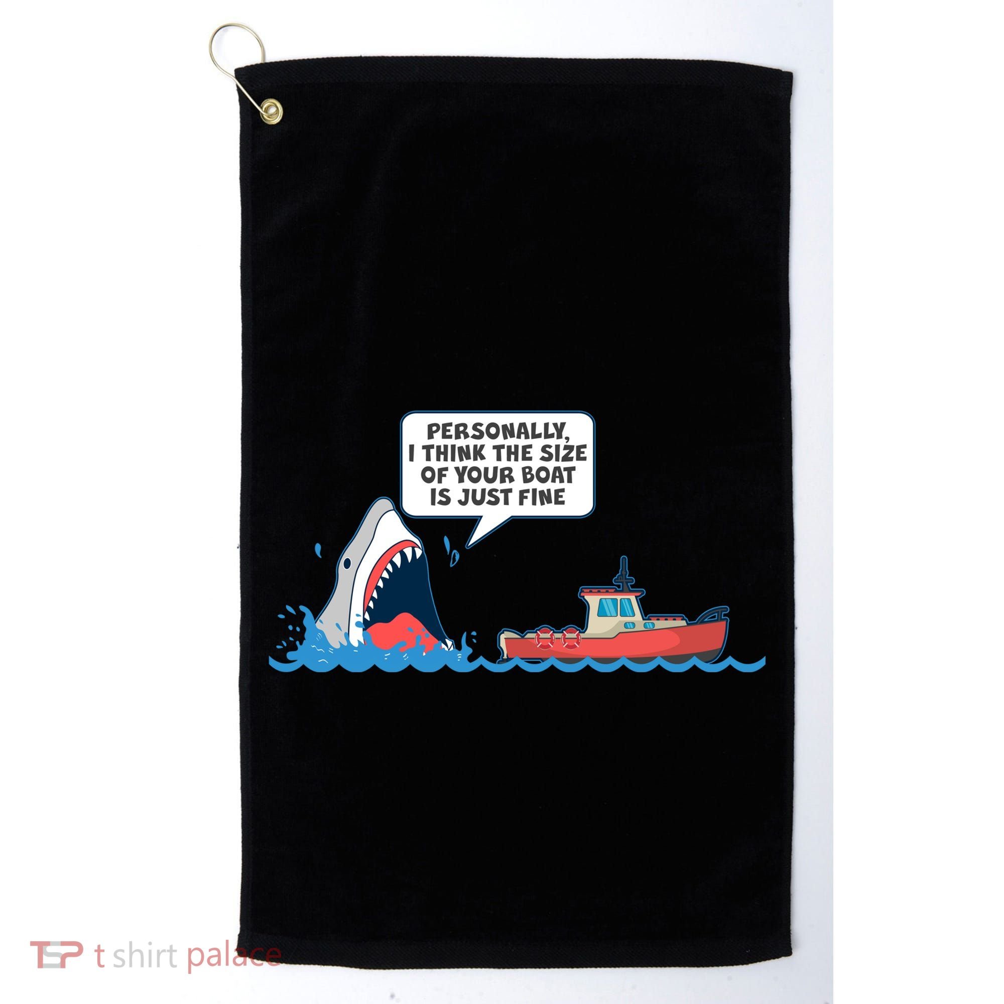 Funny Nice Shark And Fishing Boat Comic Golf Towel