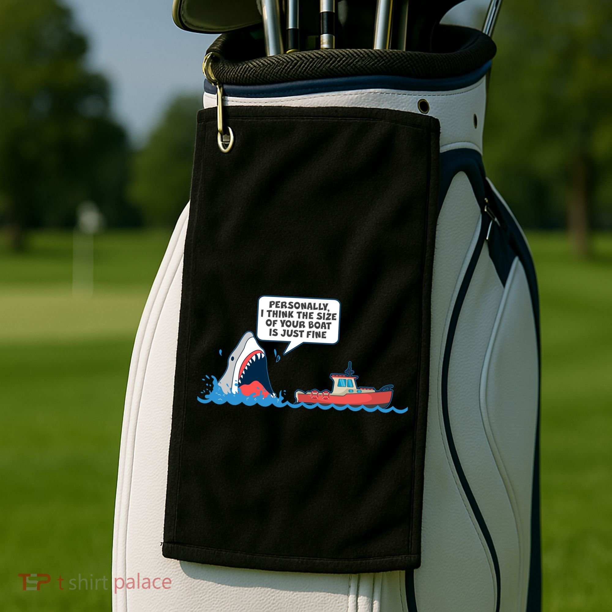 Funny Nice Shark And Fishing Boat Comic Golf Towel