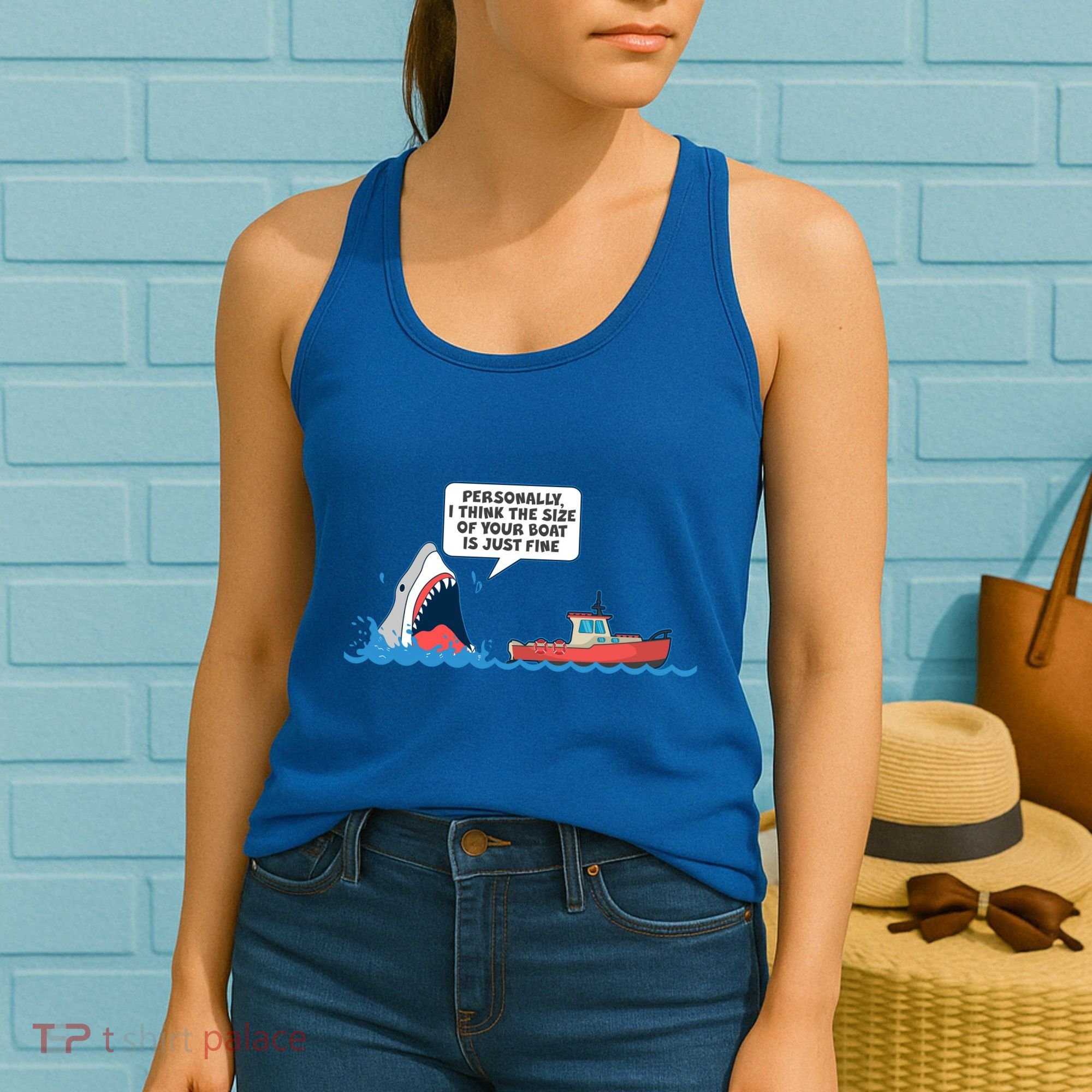 Funny Nice Shark And Fishing Boat Comic Women's Tank Top