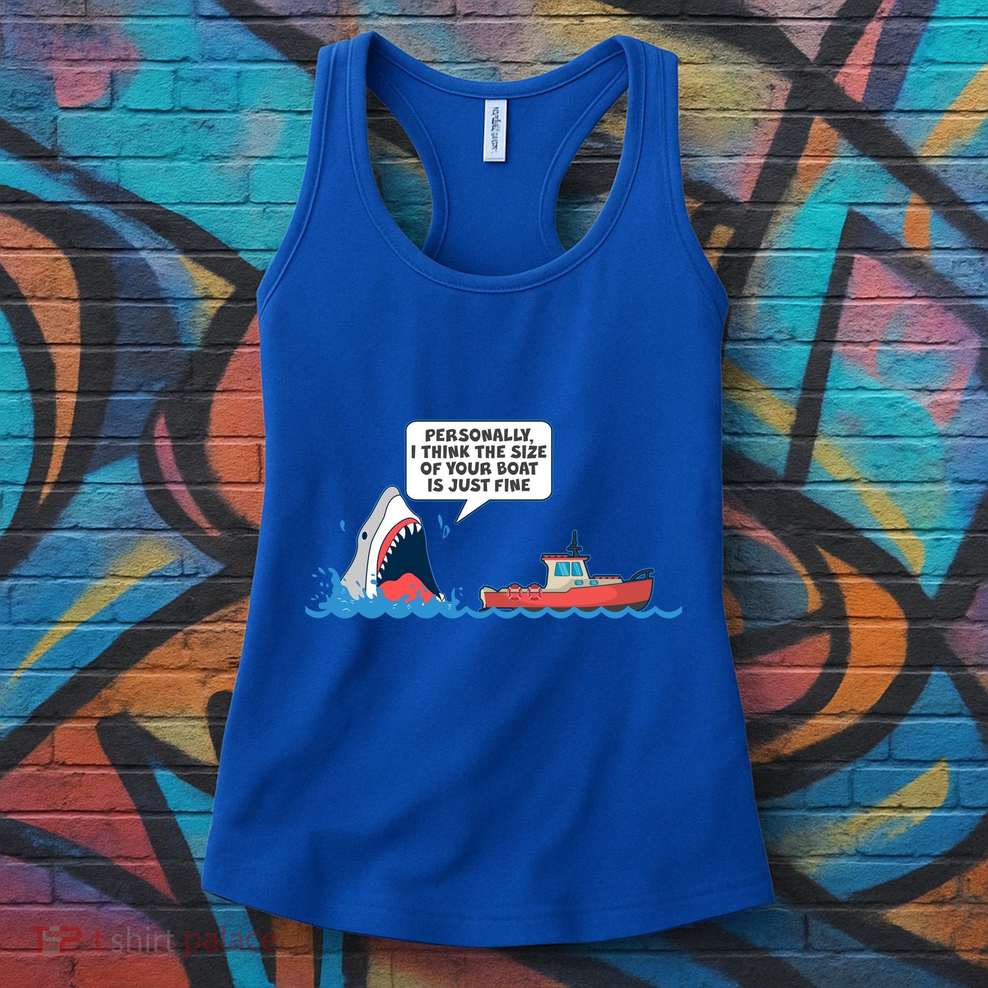 Funny Nice Shark And Fishing Boat Comic Women's Tank Top