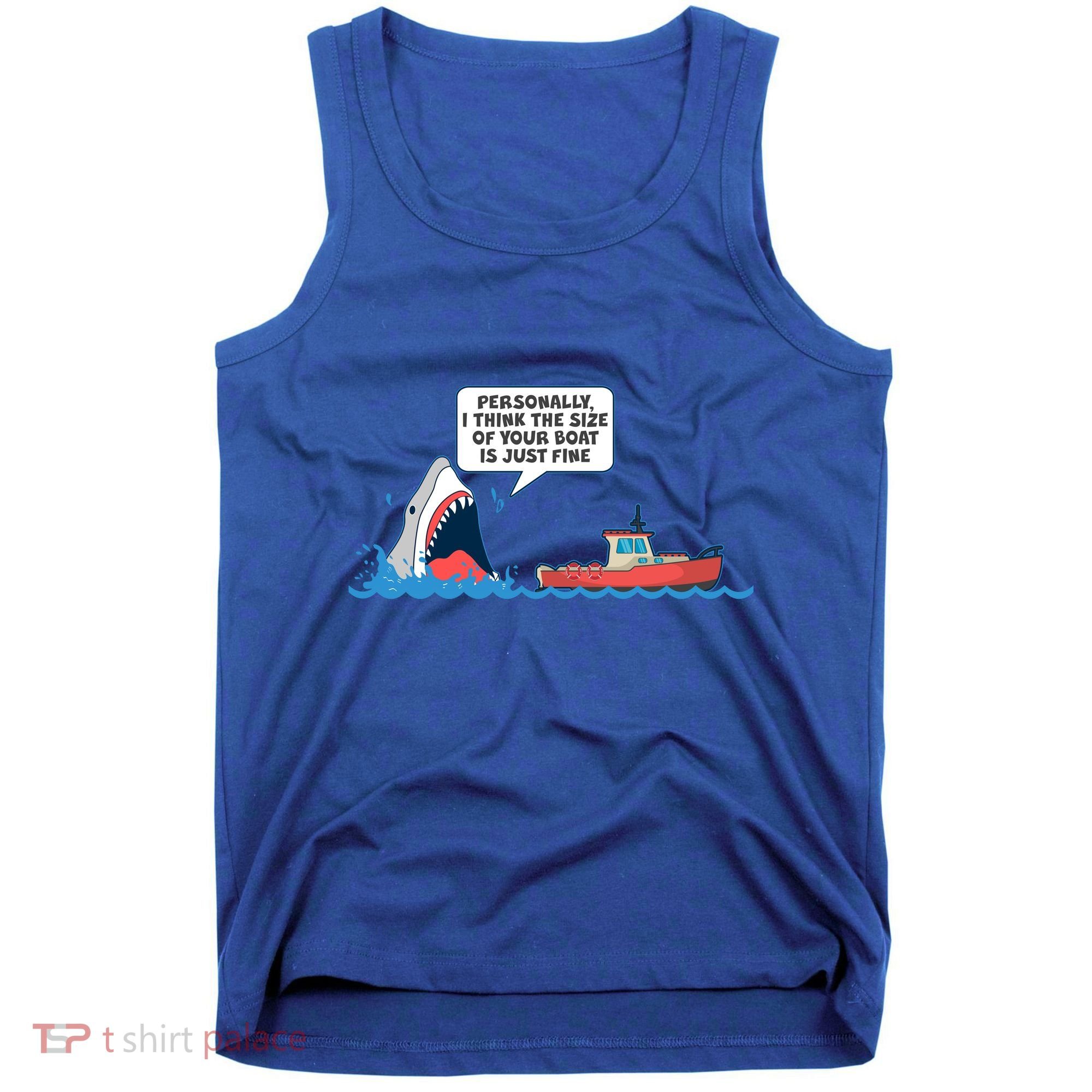 Funny Nice Shark And Fishing Boat Comic Tank Top