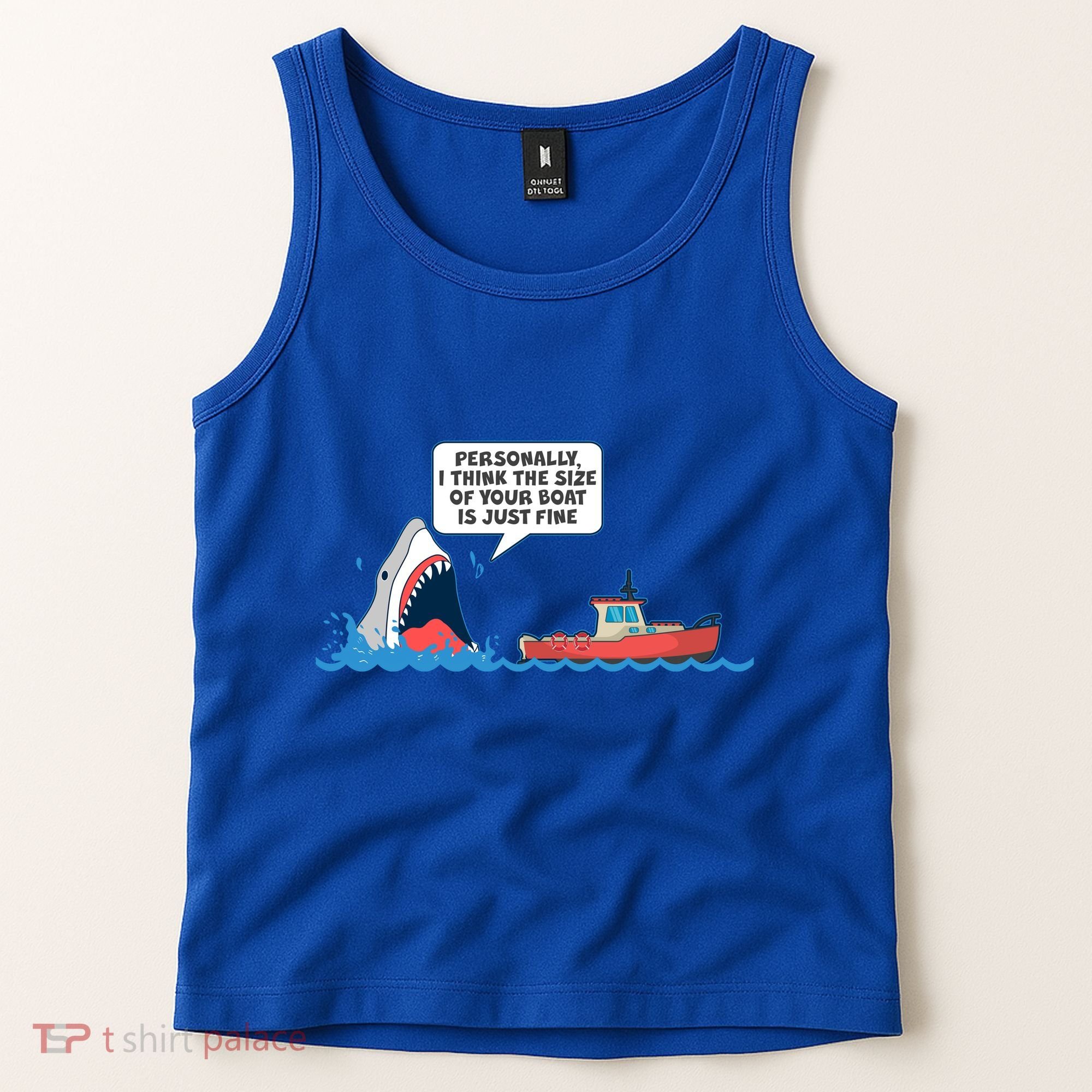 Funny Nice Shark And Fishing Boat Comic Tank Top