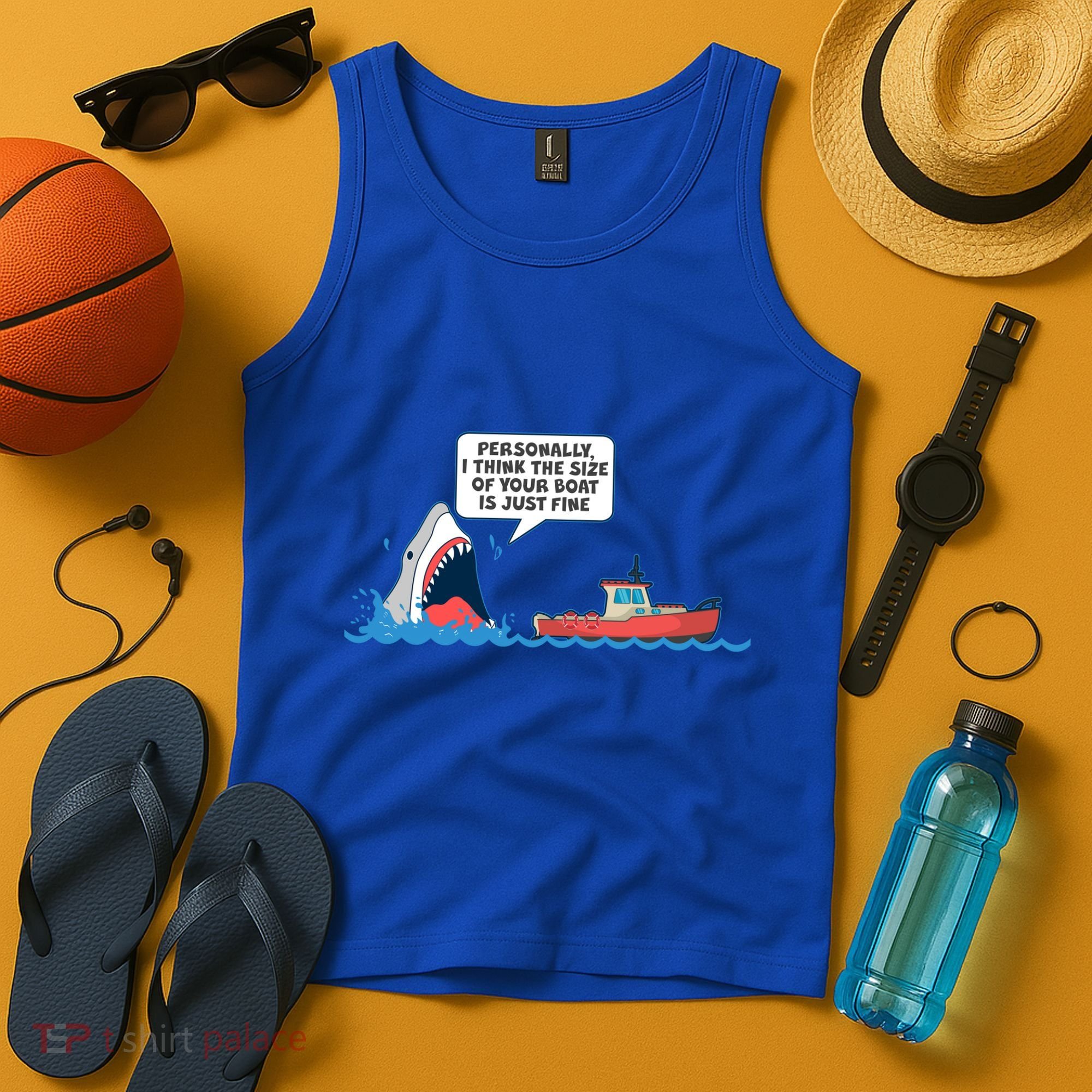 Funny Nice Shark And Fishing Boat Comic Tank Top
