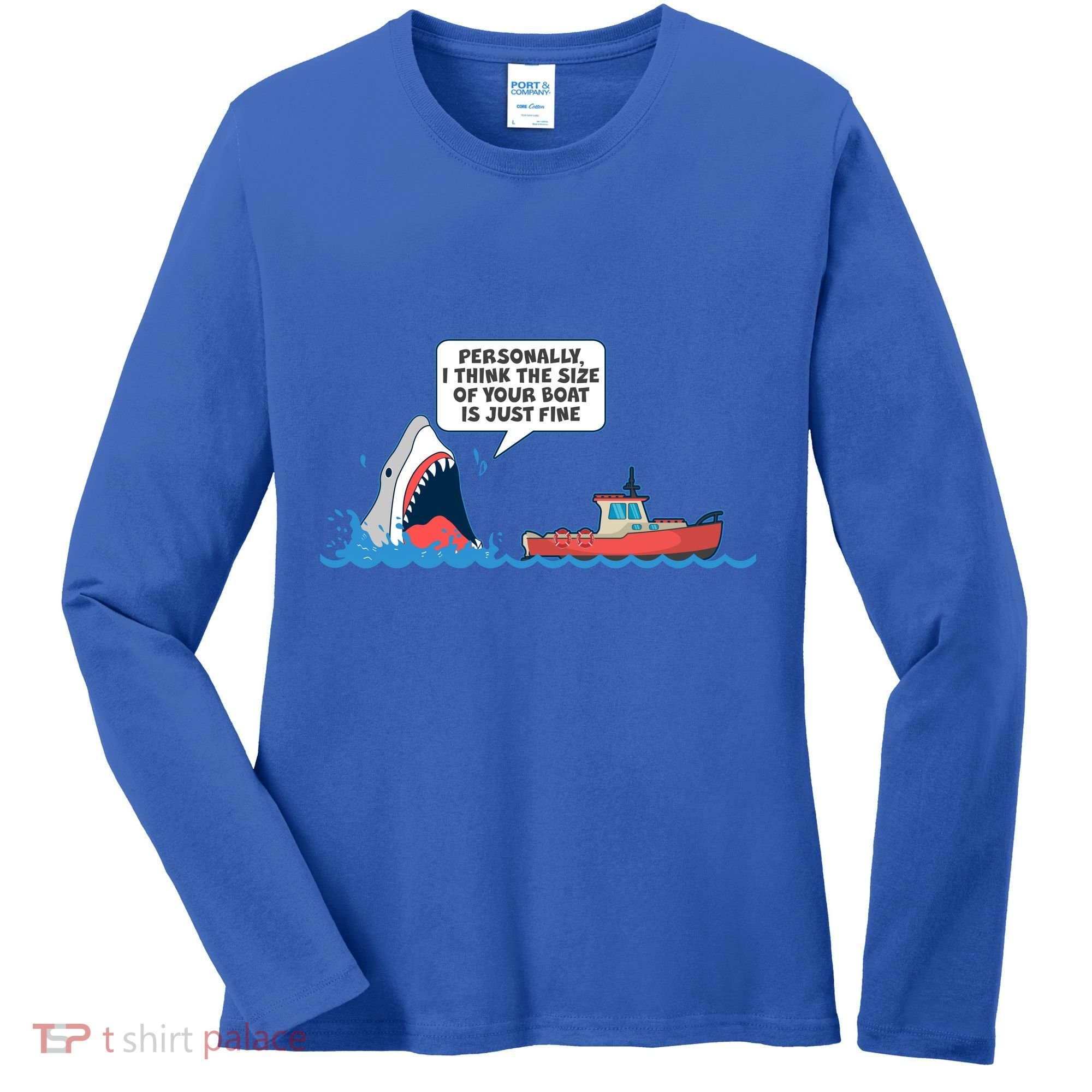 Funny Nice Shark And Fishing Boat Comic Women's Long Sleeve Shirt