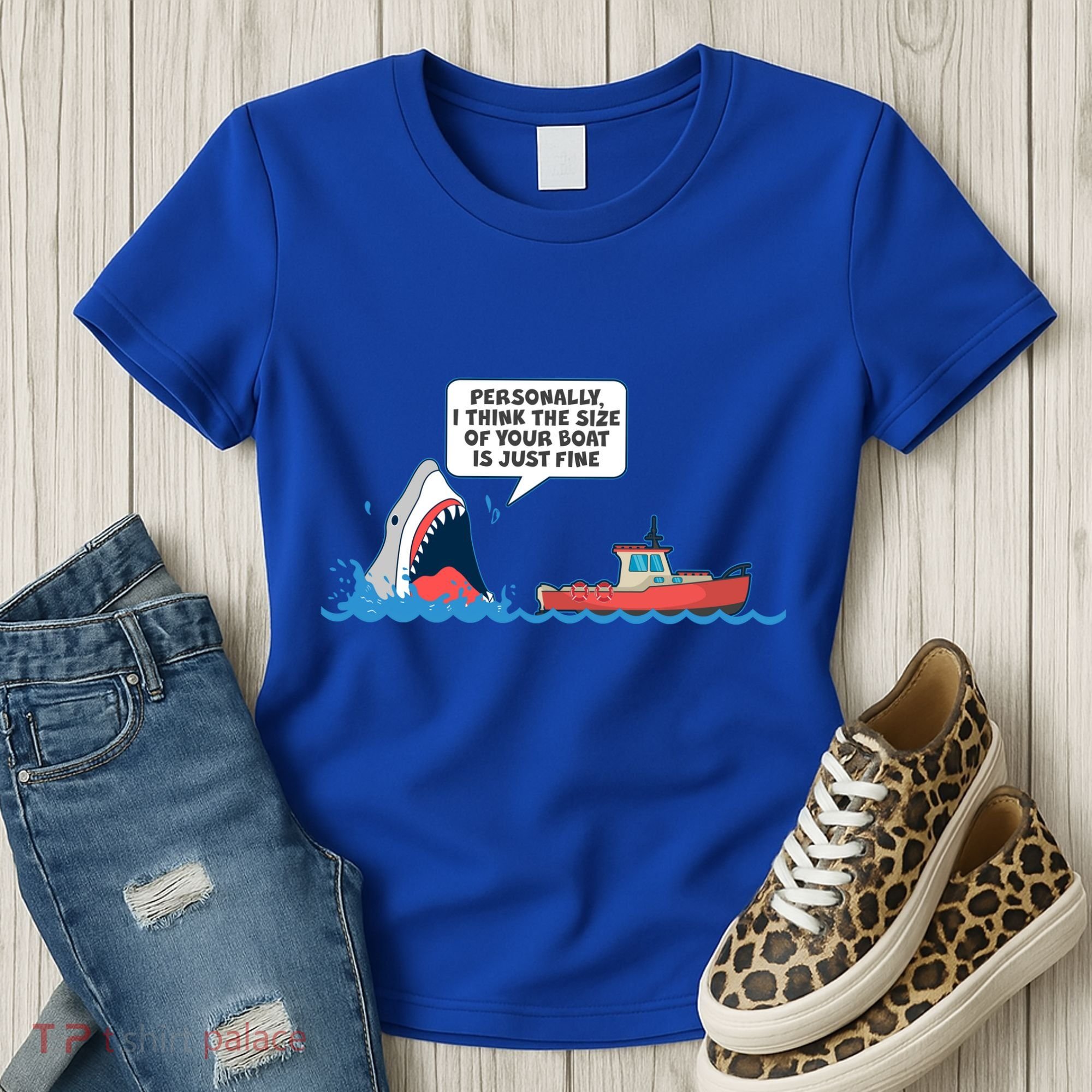 Funny Nice Shark And Fishing Boat Comic Women's T-Shirt