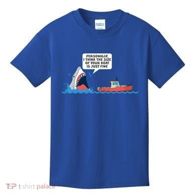 Funny Nice Shark And Fishing Boat Comic Kids T-Shirt