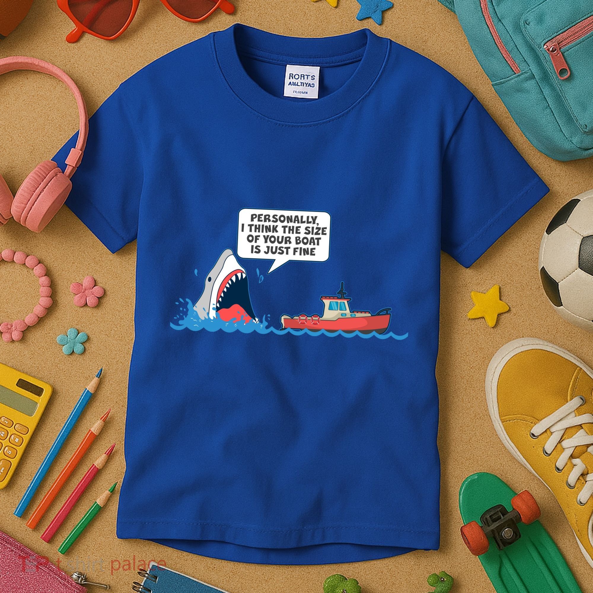 Funny Nice Shark And Fishing Boat Comic Kids T-Shirt