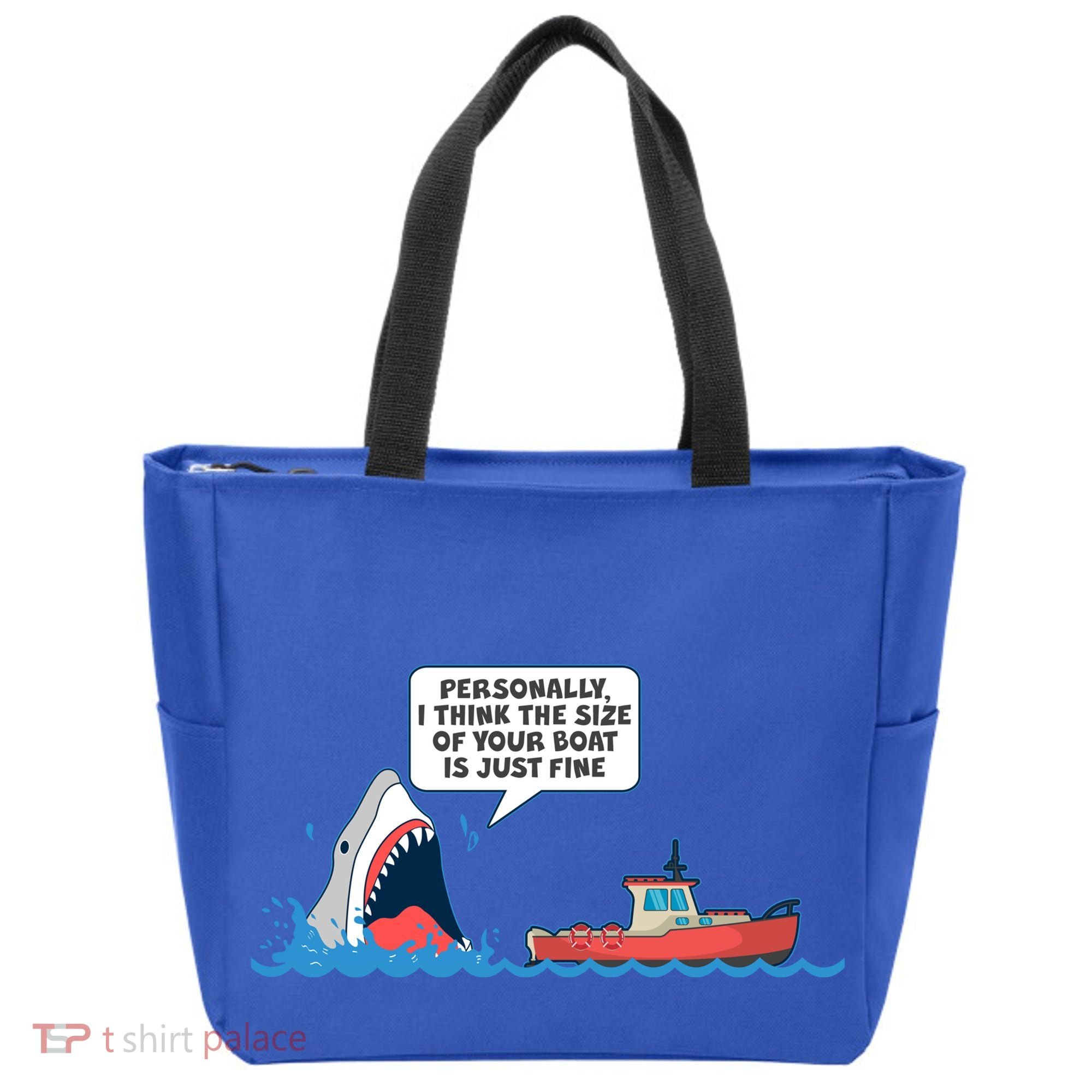 Funny Nice Shark And Fishing Boat Comic Tote Bag