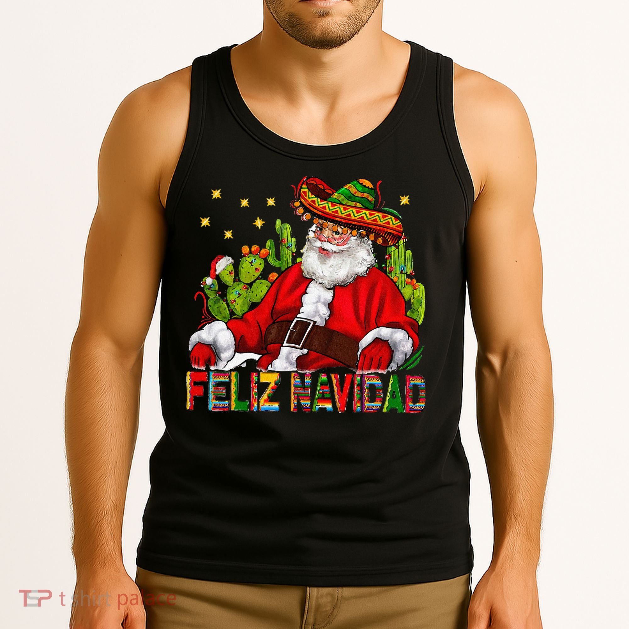 Feliz Navidad Santa With Cactus Mexican Santa Christmas Tank Top