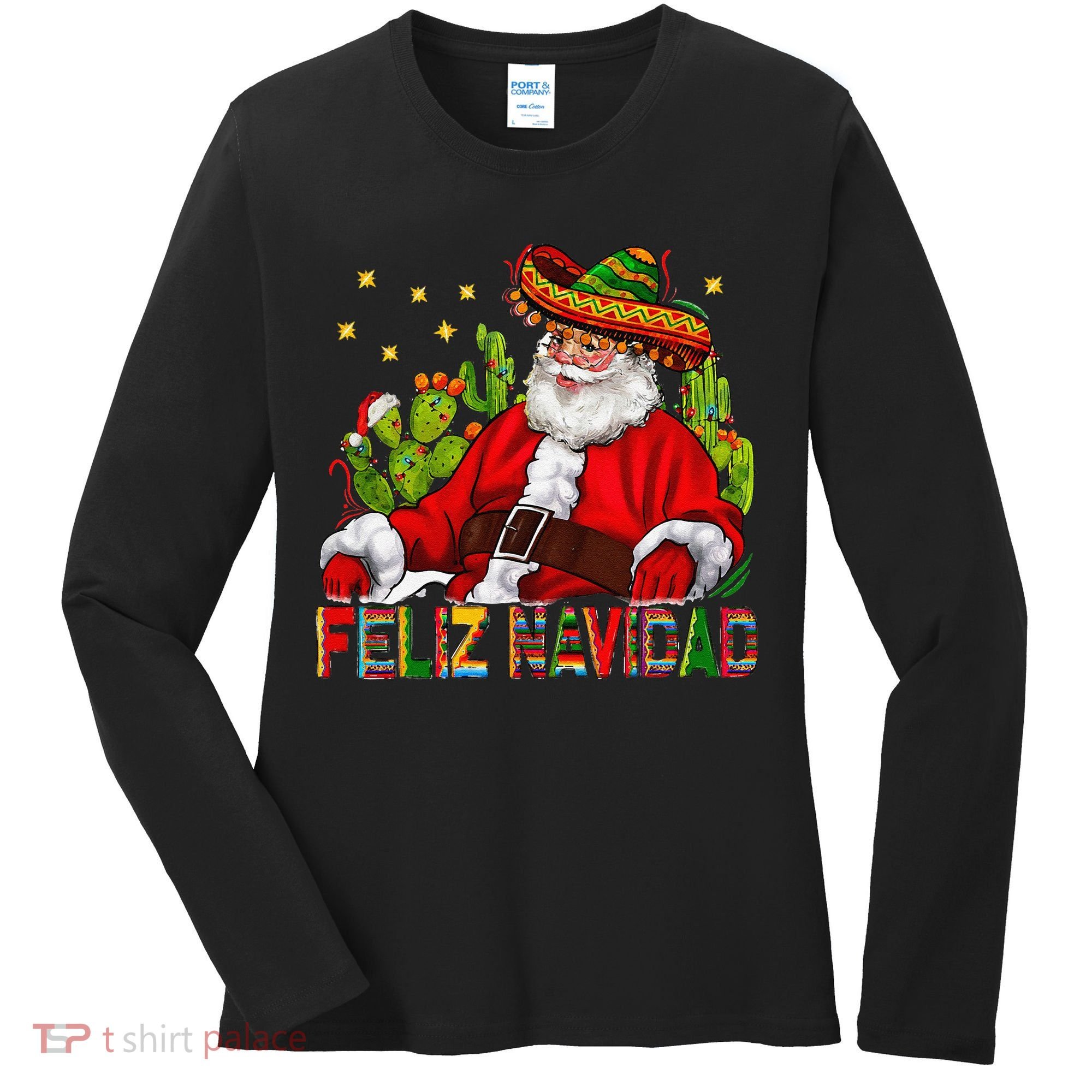 Feliz Navidad Santa With Cactus Mexican Santa Christmas Women's Long Sleeve Shirt