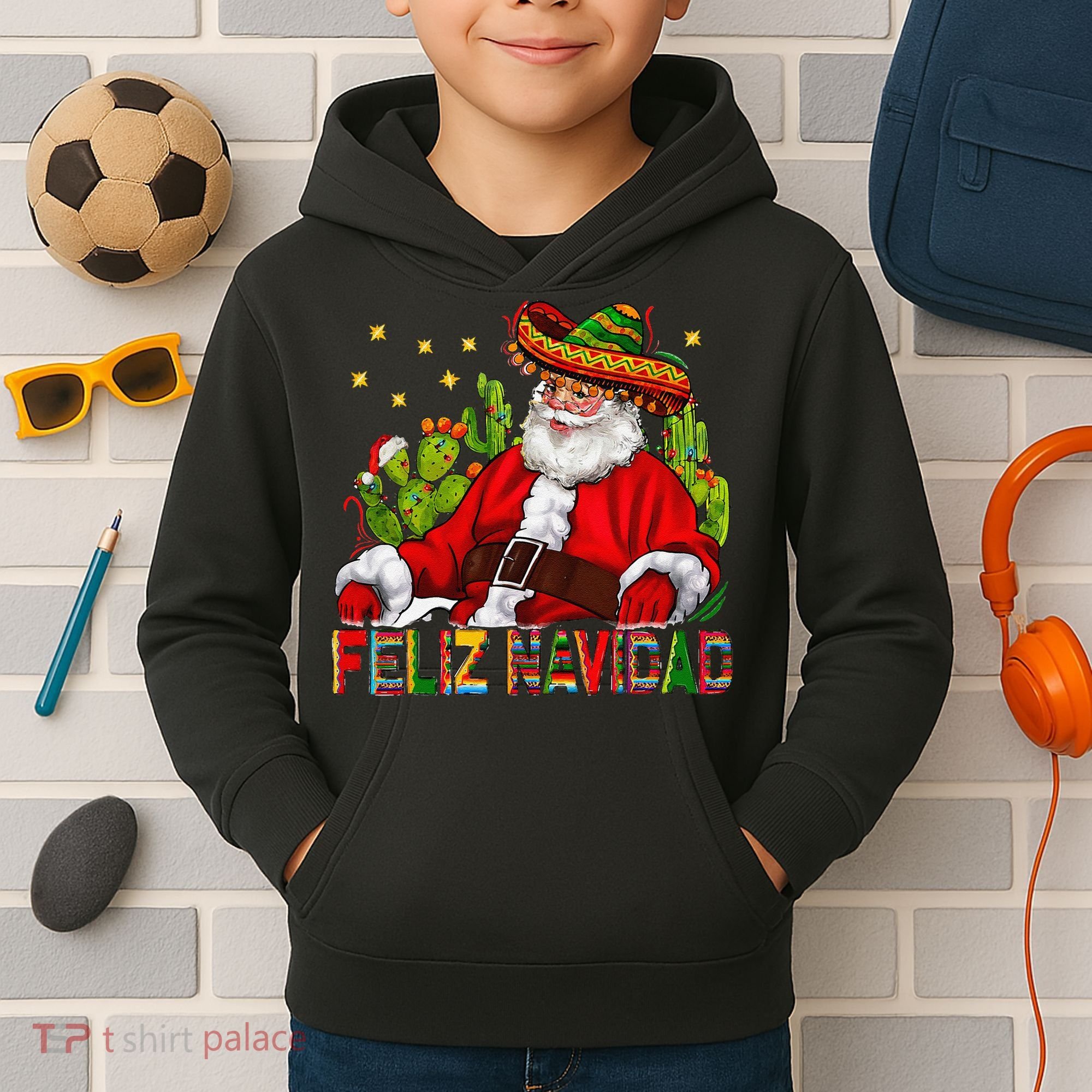 Feliz Navidad Santa With Cactus Mexican Santa Christmas Kids Hoodie