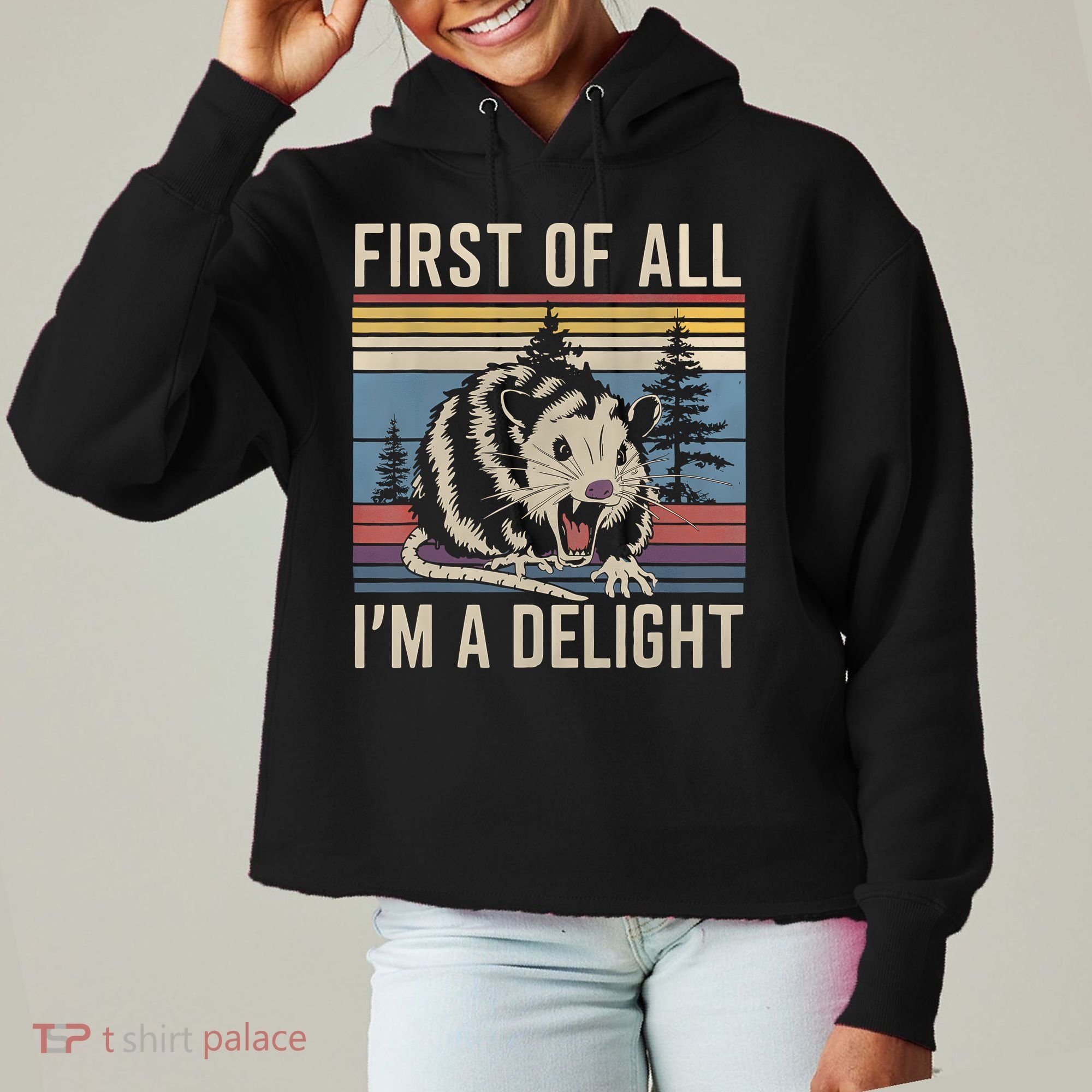 First Of All I’M A Delight Sarcastic Angry Opossum Possum Ladies Heavyweight Boxy Pullover Hoodie