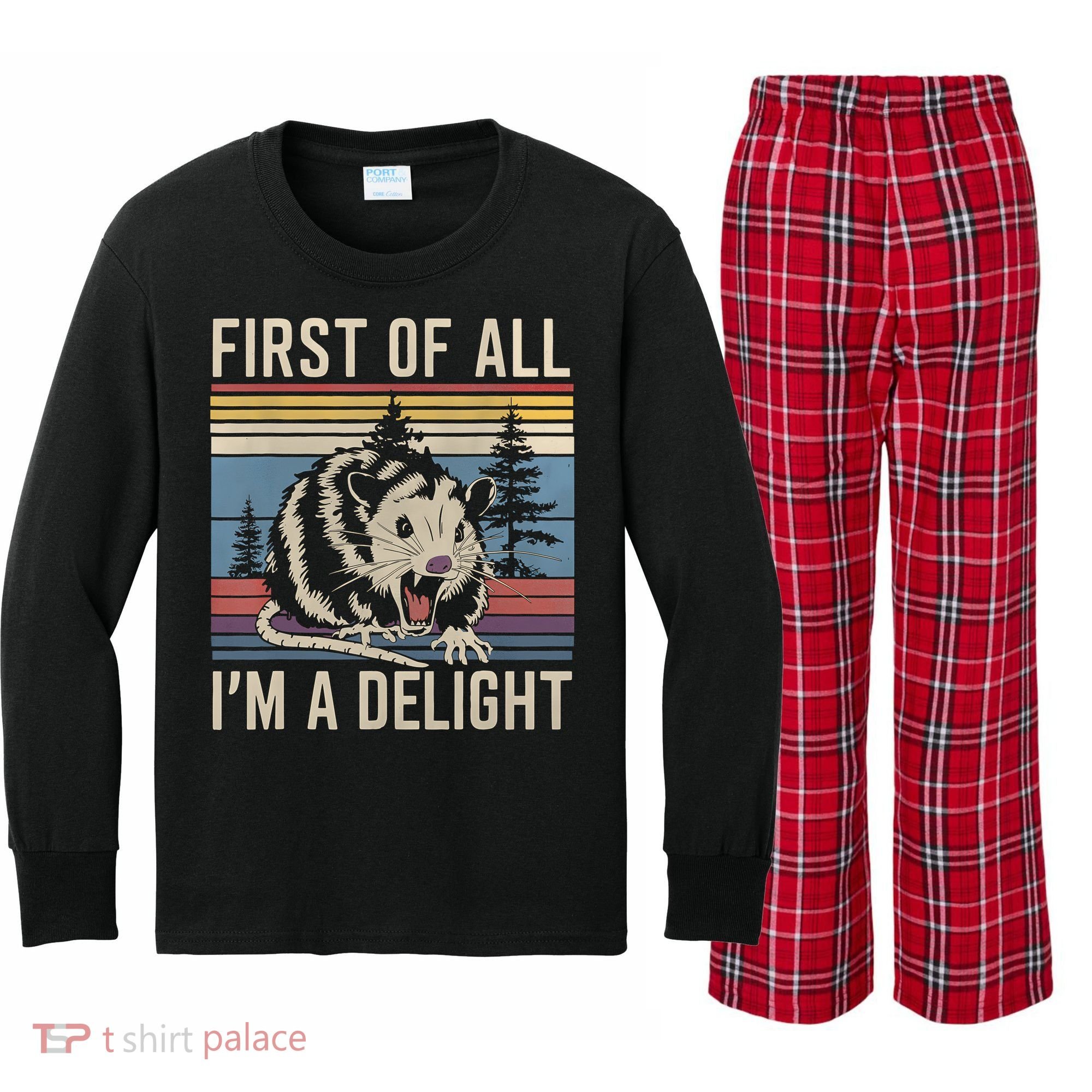 First Of All I’M A Delight Sarcastic Angry Opossum Possum Kids Long Sleeve Plaid Pajama Set