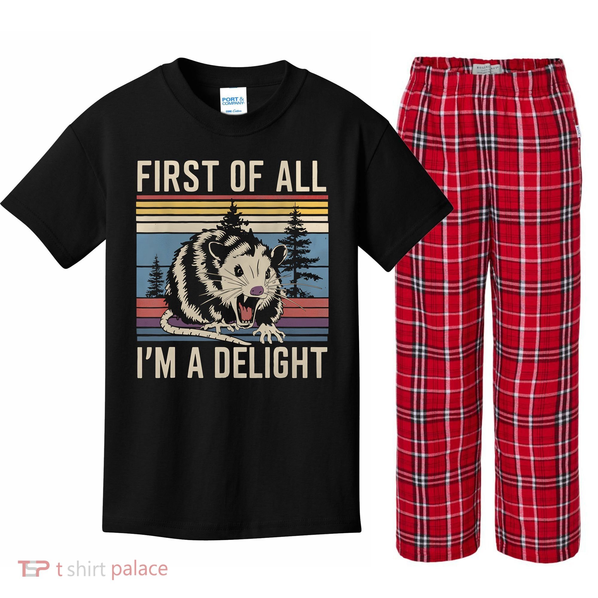First Of All I’M A Delight Sarcastic Angry Opossum Possum Kids Plaid Pajama Set