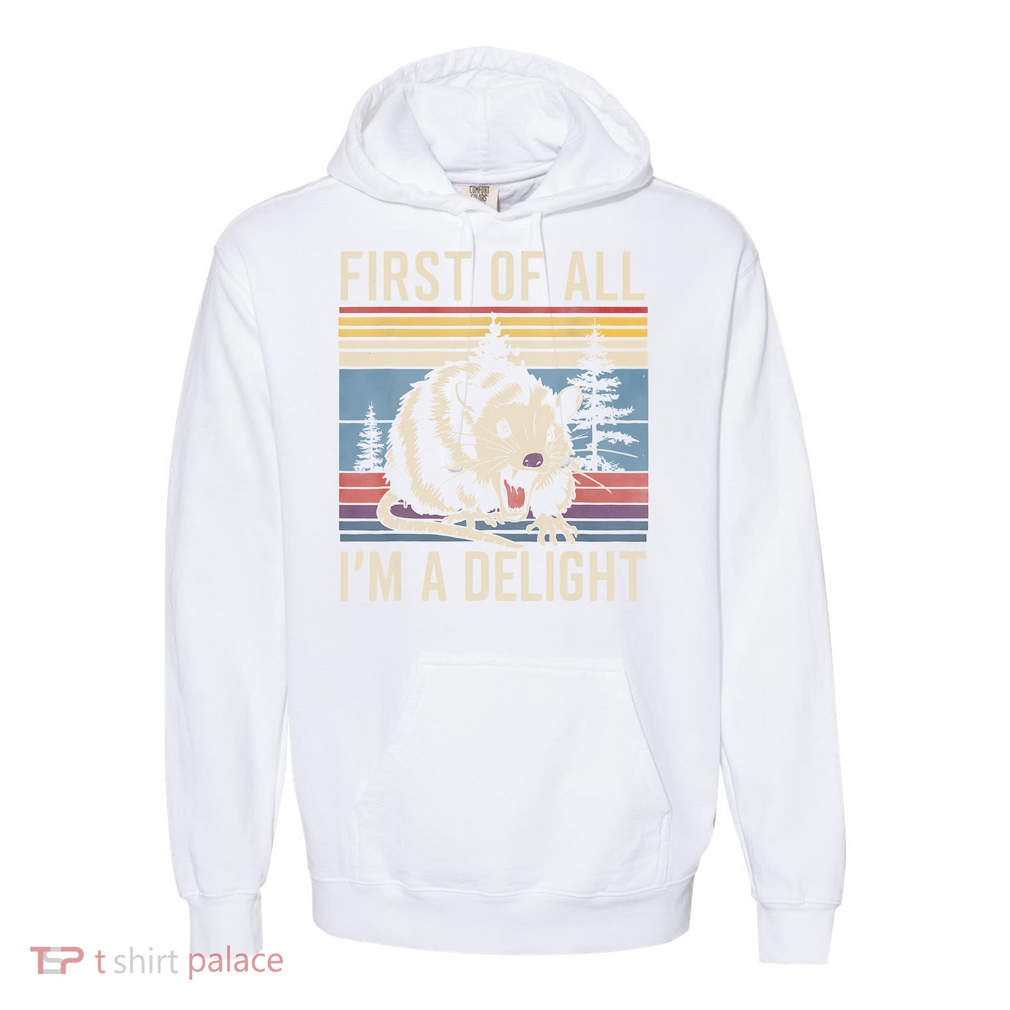 First Of All I’M A Delight Sarcastic Angry Opossum Possum Comfort Colors Garment-Dyed Hooded Sweatshirt