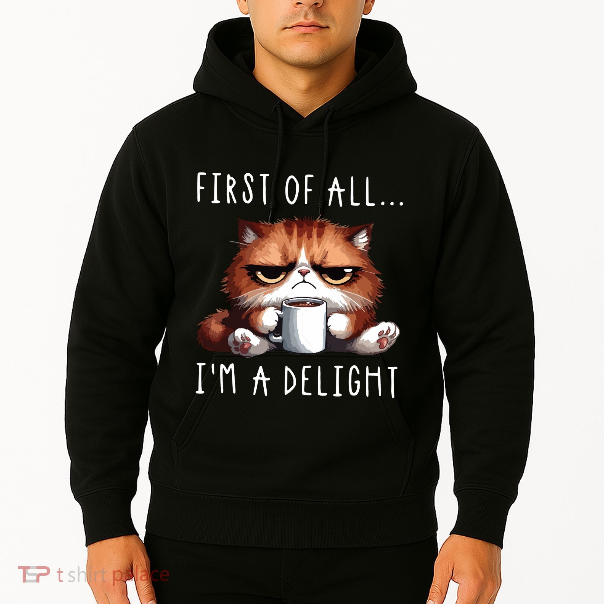 First Of All Im A Delight Sarcastic Coffee Grumpy Funny Cat Hoodie