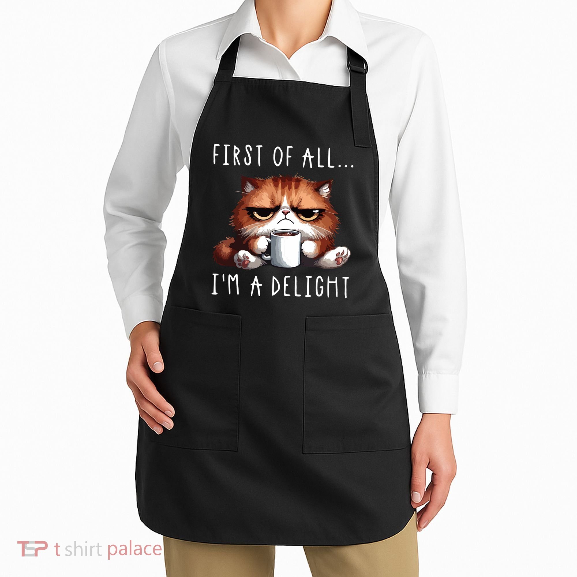 First Of All Im A Delight Sarcastic Coffee Grumpy Funny Cat Apron