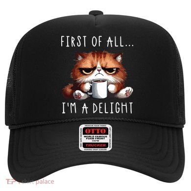 First Of All Im A Delight Sarcastic Coffee Grumpy Funny Cat Hat