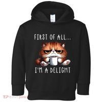 First Of All Im A Delight Sarcastic Coffee Grumpy Funny Cat Toddler Hoodie thumb 0