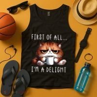 First Of All Im A Delight Sarcastic Coffee Grumpy Funny Cat Tank Top thumb 4
