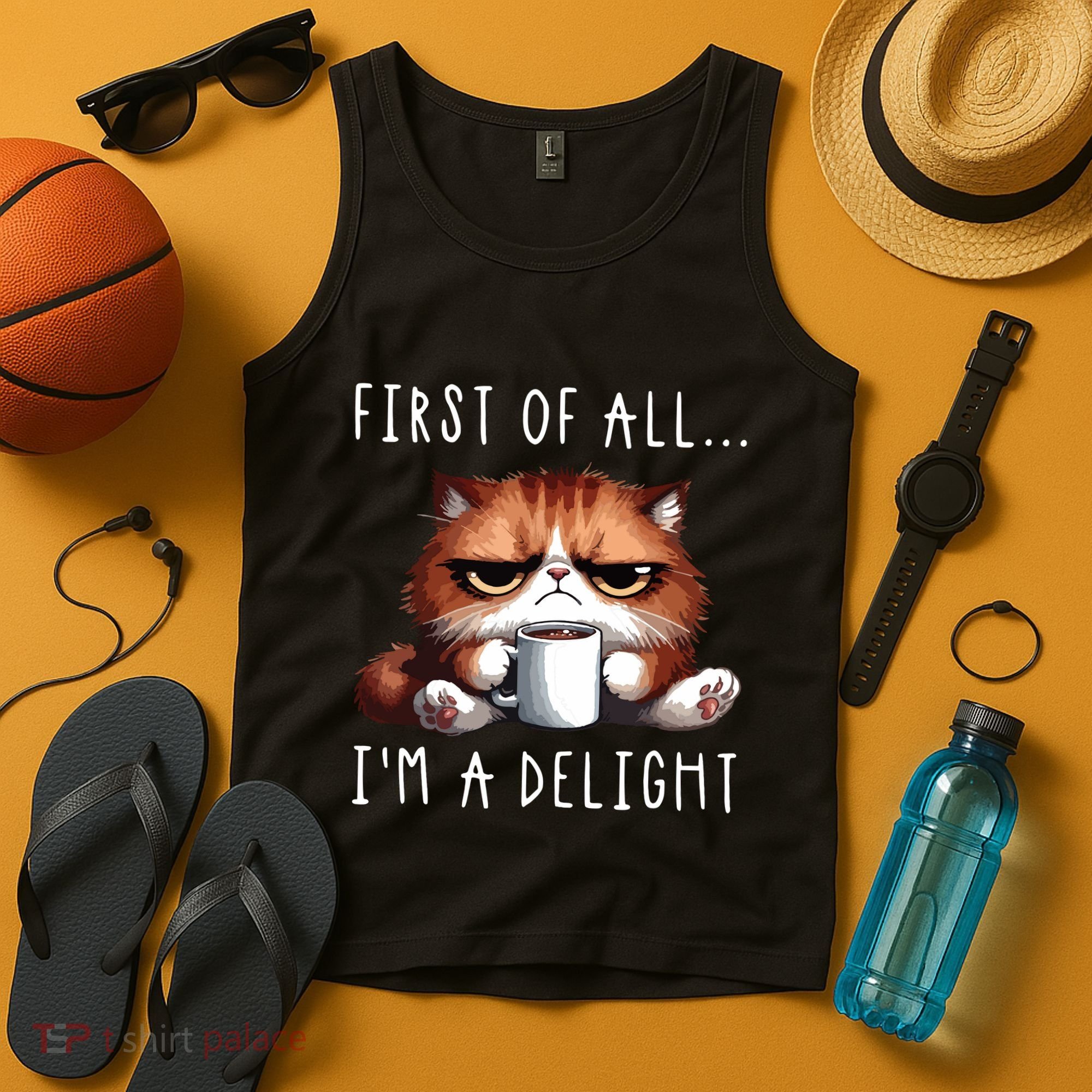 First Of All Im A Delight Sarcastic Coffee Grumpy Funny Cat Tank Top