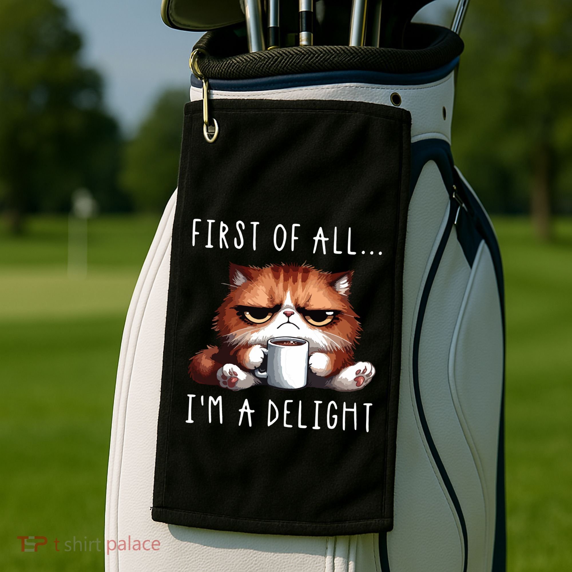 First Of All Im A Delight Sarcastic Coffee Grumpy Funny Cat Golf Towel