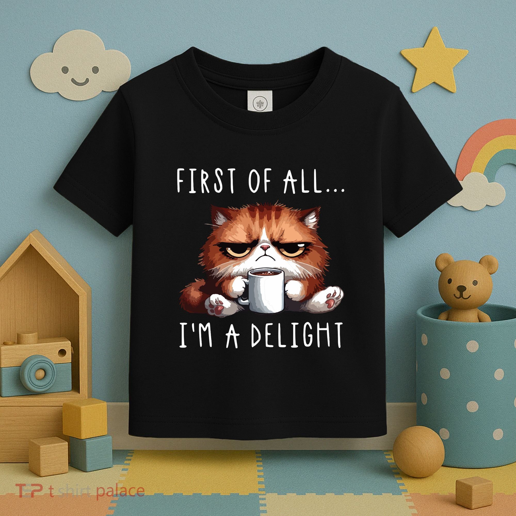 First Of All Im A Delight Sarcastic Coffee Grumpy Funny Cat Toddler T-Shirt