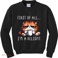 First Of All Im A Delight Sarcastic Coffee Grumpy Funny Cat Kids Sweatshirt thumb 0