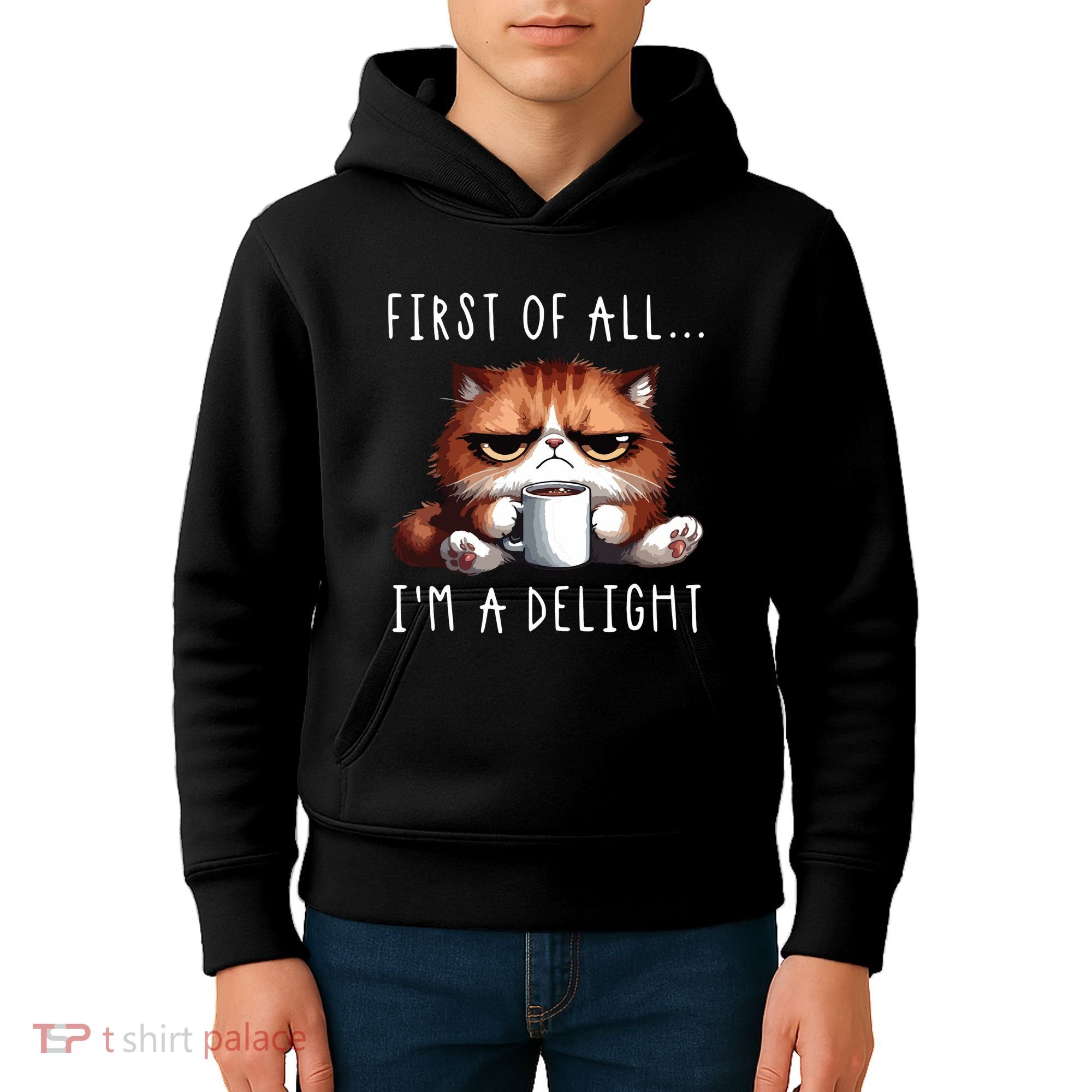 First Of All Im A Delight Sarcastic Coffee Grumpy Funny Cat Kids Hoodie