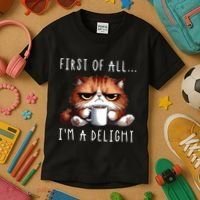 First Of All Im A Delight Sarcastic Coffee Grumpy Funny Cat Kids T-Shirt thumb 3