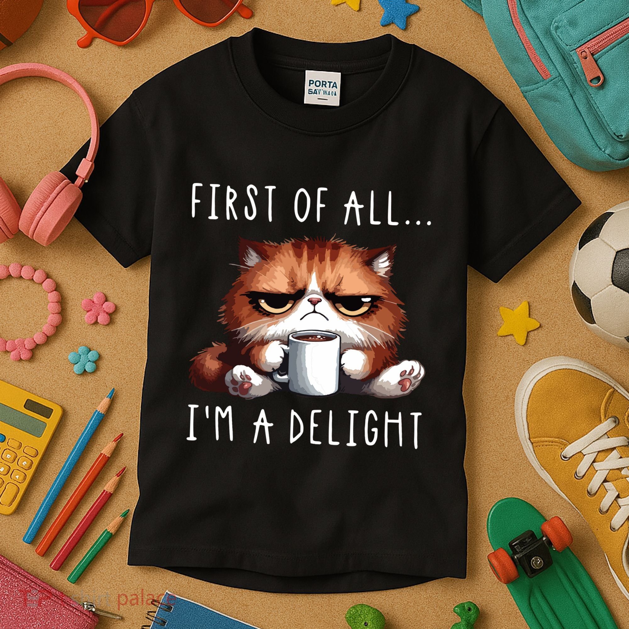 First Of All Im A Delight Sarcastic Coffee Grumpy Funny Cat Kids T-Shirt