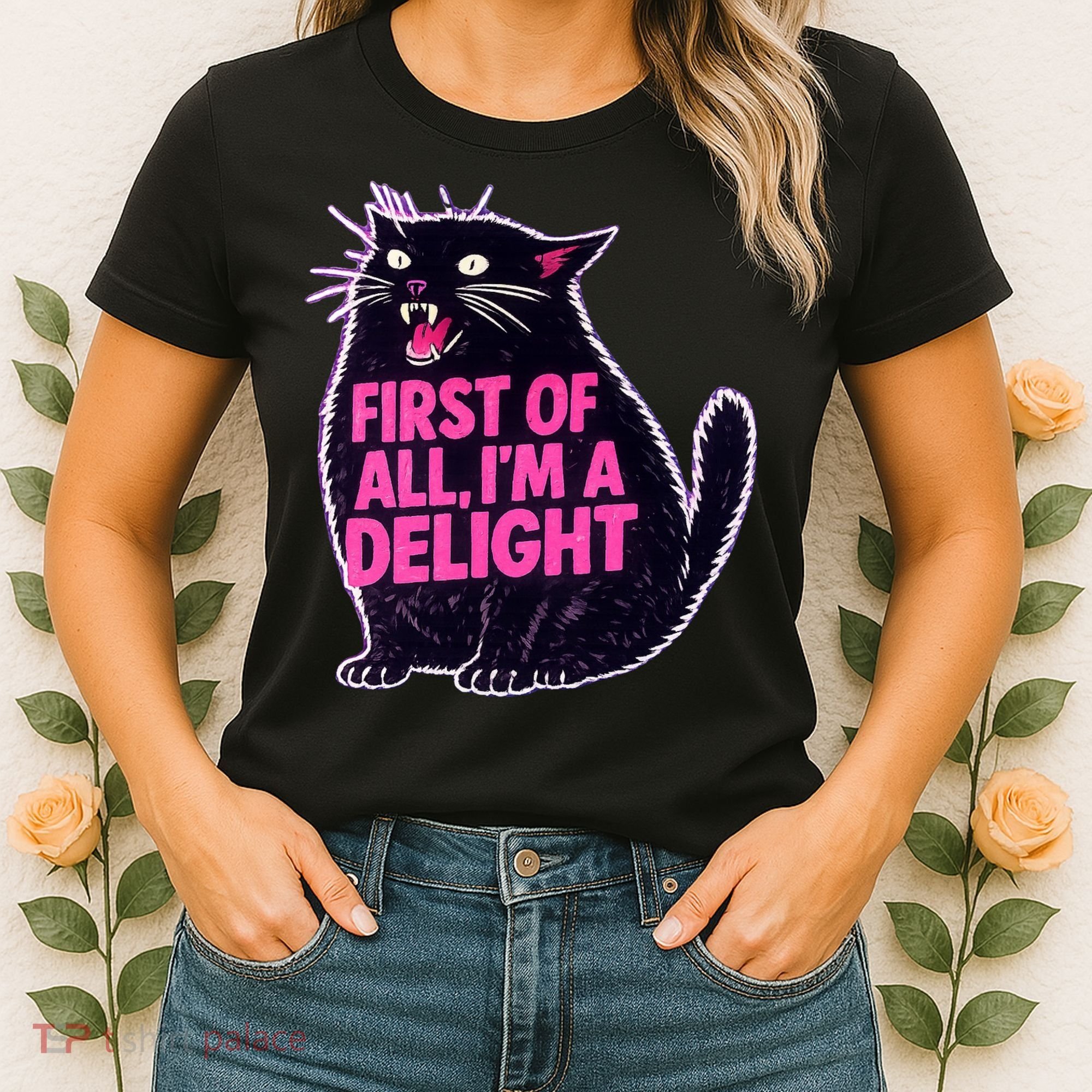 First Of All I'm A Delight Roaring Black Cat Women's T-Shirt