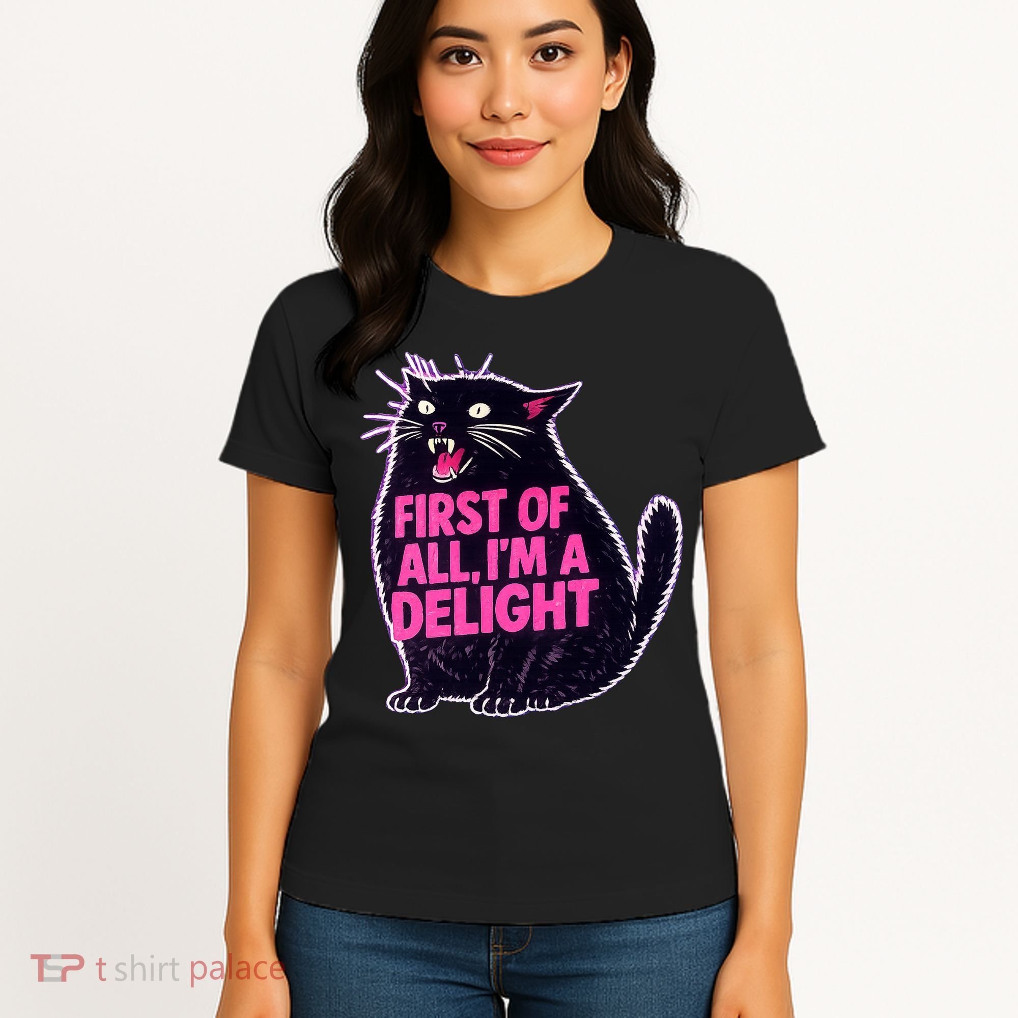 First Of All I'm A Delight Roaring Black Cat Women's T-Shirt
