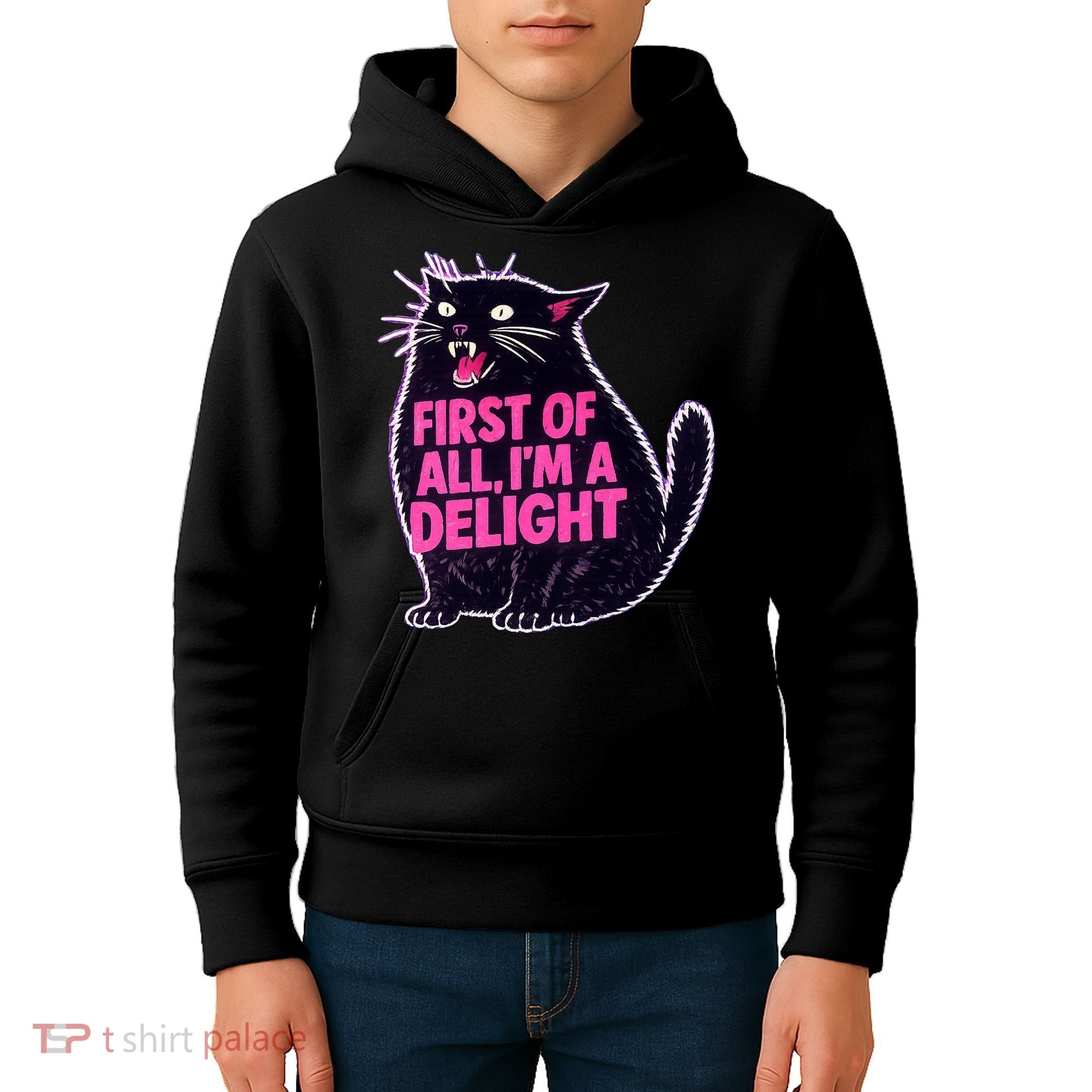 First Of All I'm A Delight Roaring Black Cat Kids Hoodie