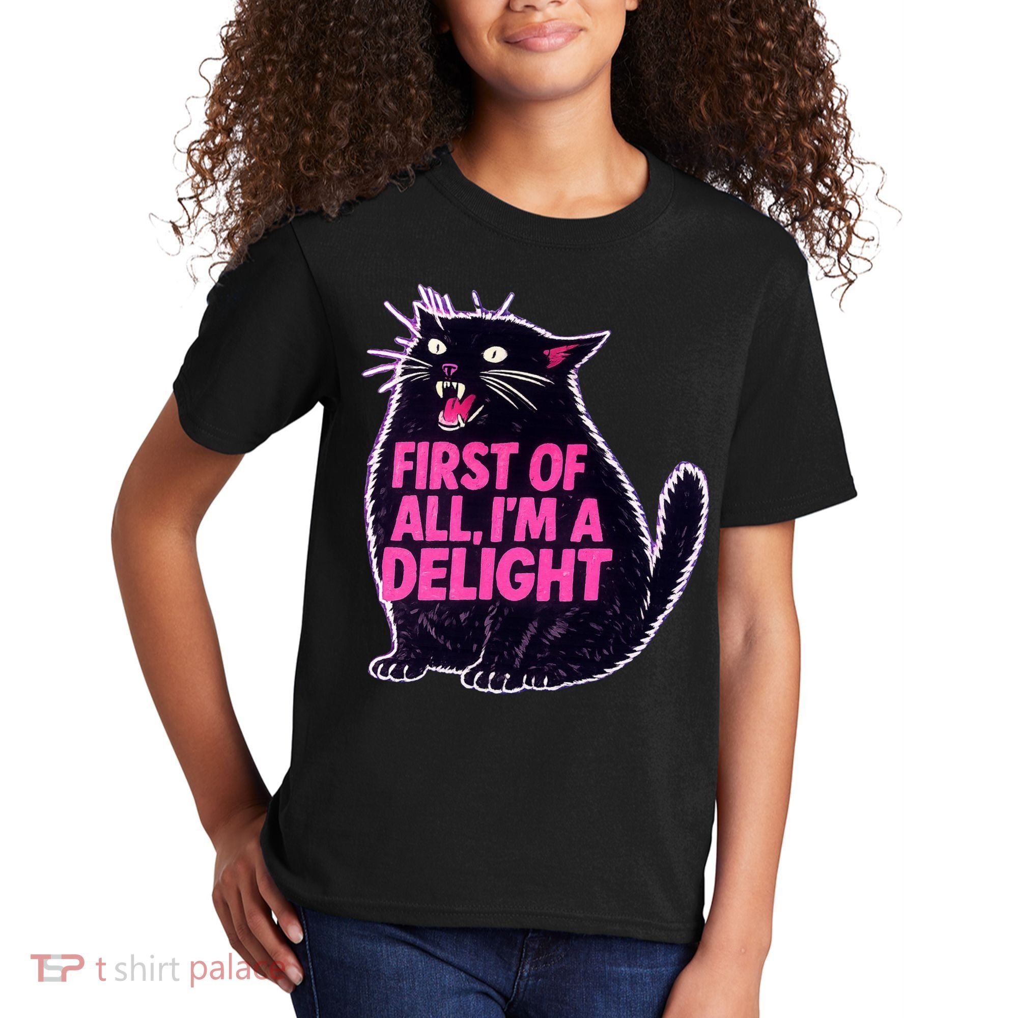 First Of All I'm A Delight Roaring Black Cat Kids T-Shirt