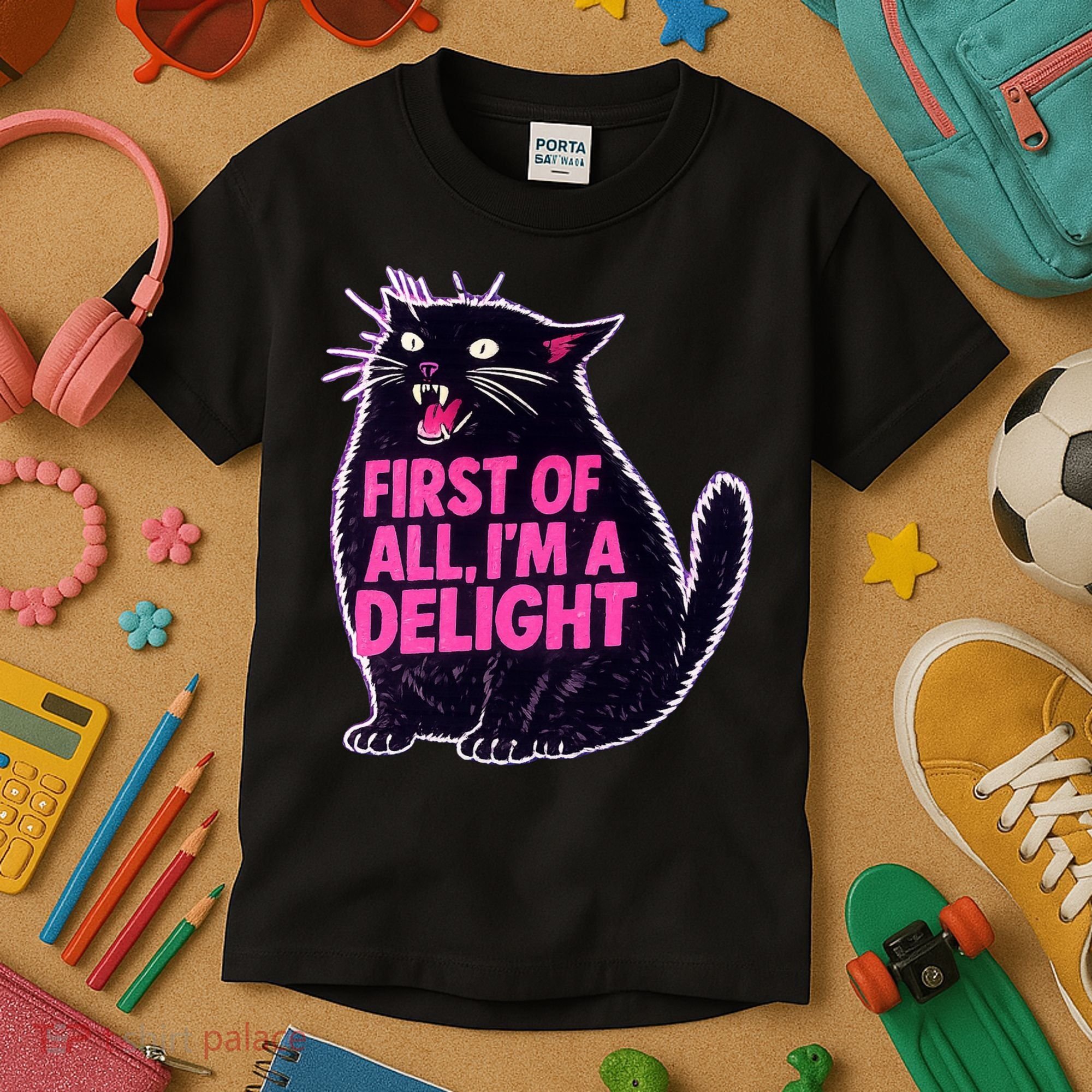 First Of All I'm A Delight Roaring Black Cat Kids T-Shirt