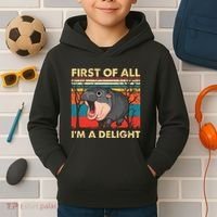 First Of All IM A Delight Funny Moo Deng Hippo Hippopotamus Kids Hoodie thumb 2
