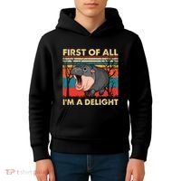First Of All IM A Delight Funny Moo Deng Hippo Hippopotamus Kids Hoodie thumb 4