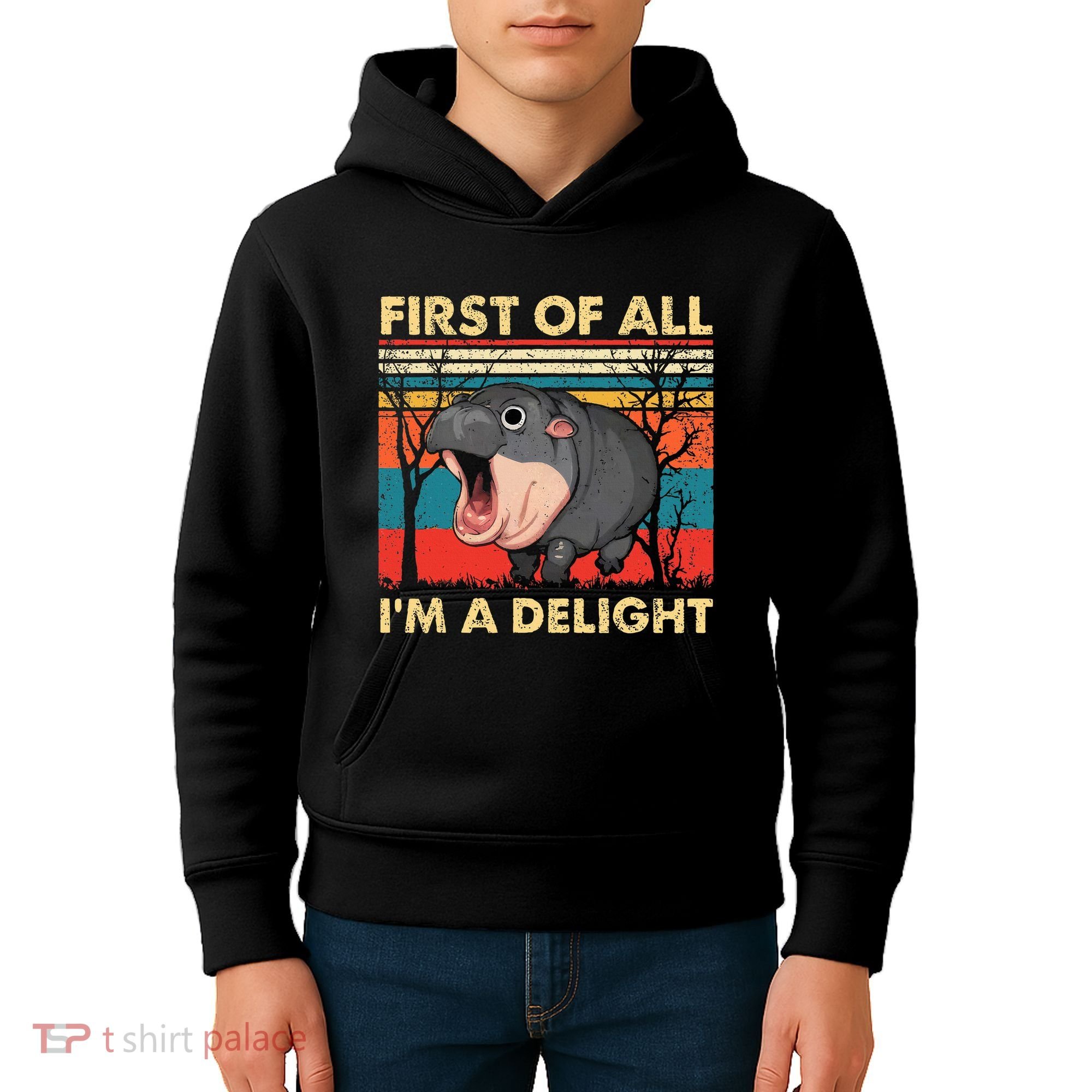 First Of All IM A Delight Funny Moo Deng Hippo Hippopotamus Kids Hoodie