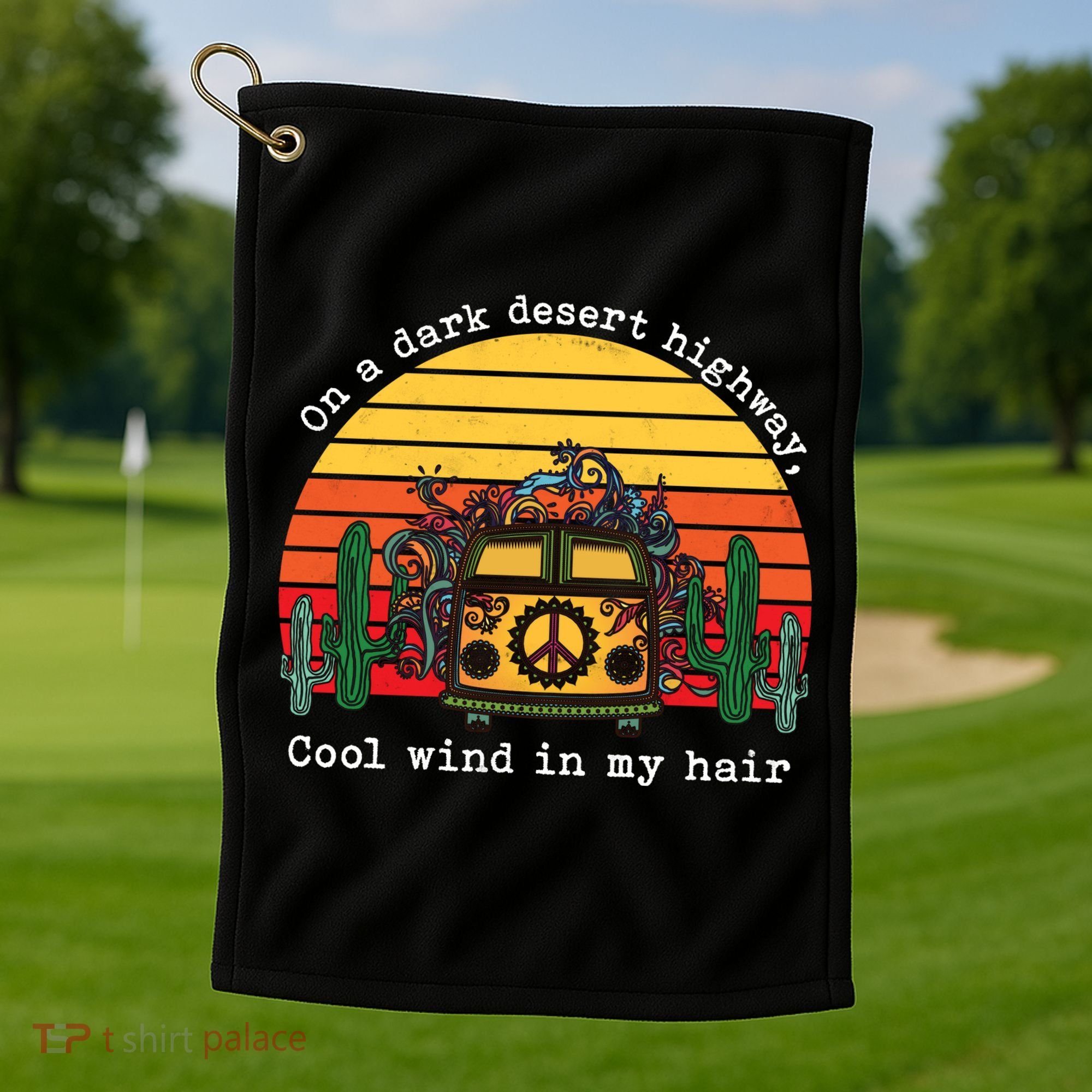 Funny On A Dark Desert Highway Retro 1 Golf Towel