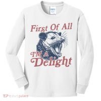 First Of All IM A Delight Funny Angry Opossum Possum Kids Long Sleeve Shirt thumb 0