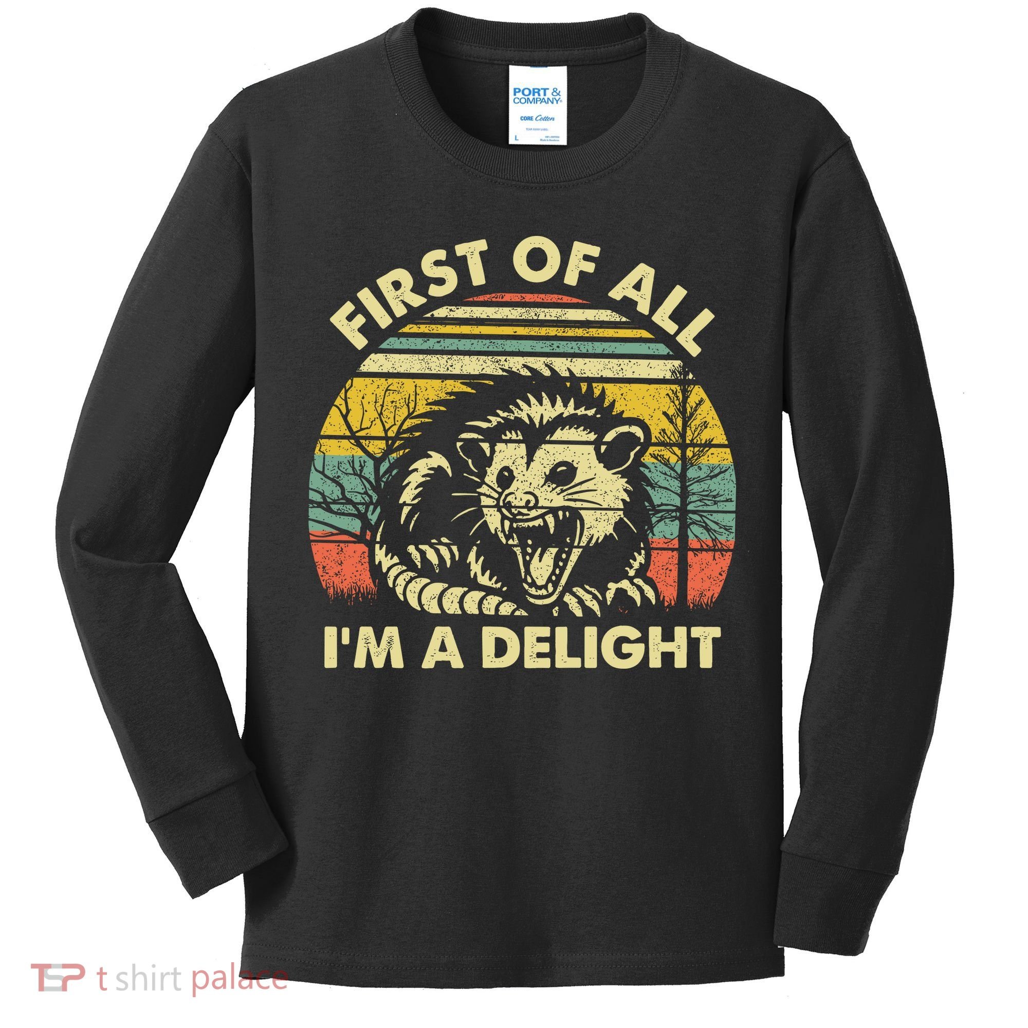 First Of All Im A Delight Sarcastic Angry Opossum Lover Kids Long Sleeve Shirt