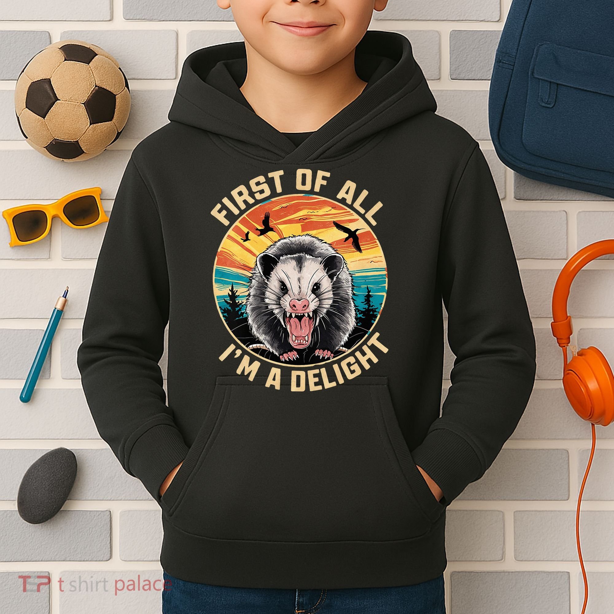 First Of All I Am A Delight Sarcastic Angry Opossum Kids Hoodie