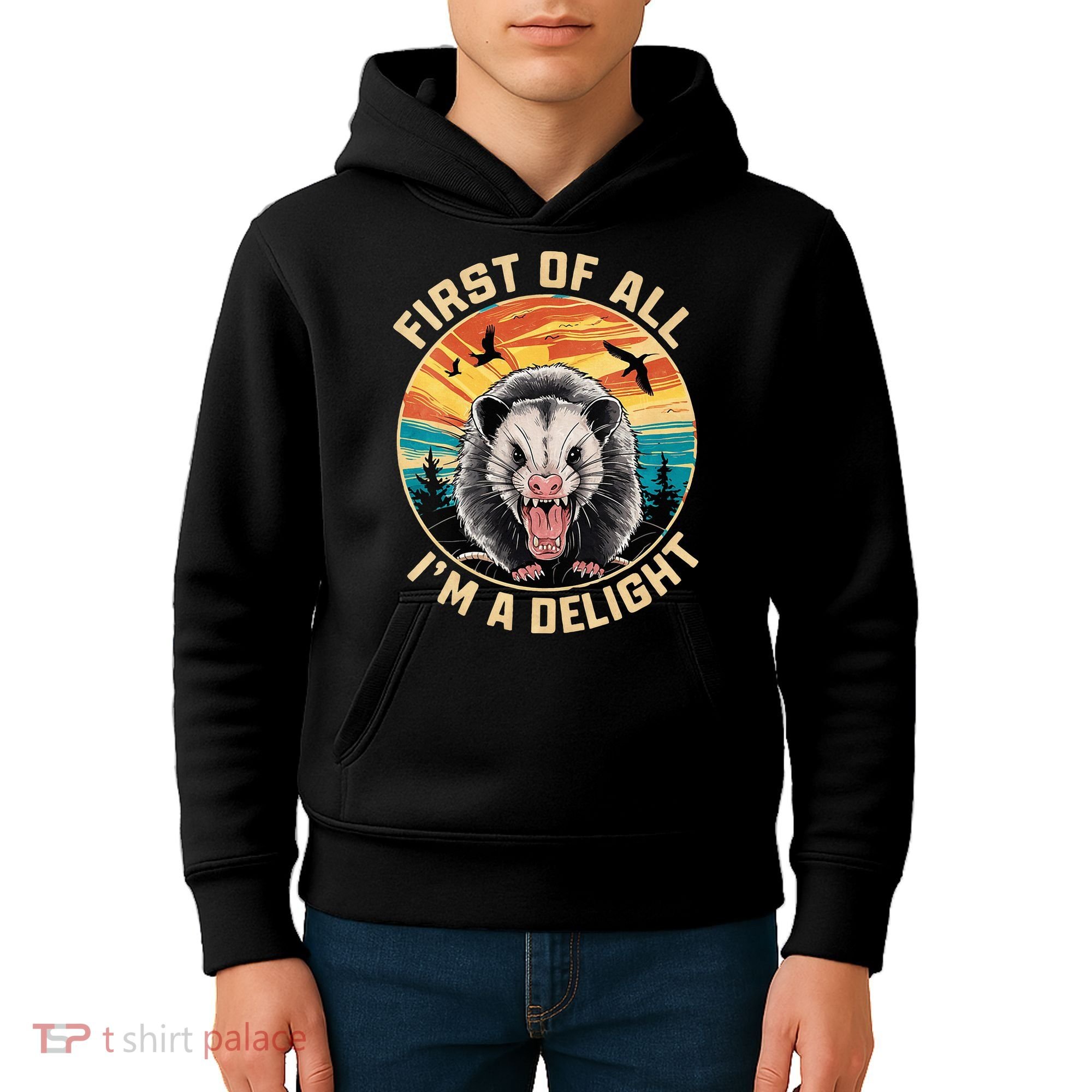 First Of All I Am A Delight Sarcastic Angry Opossum Kids Hoodie