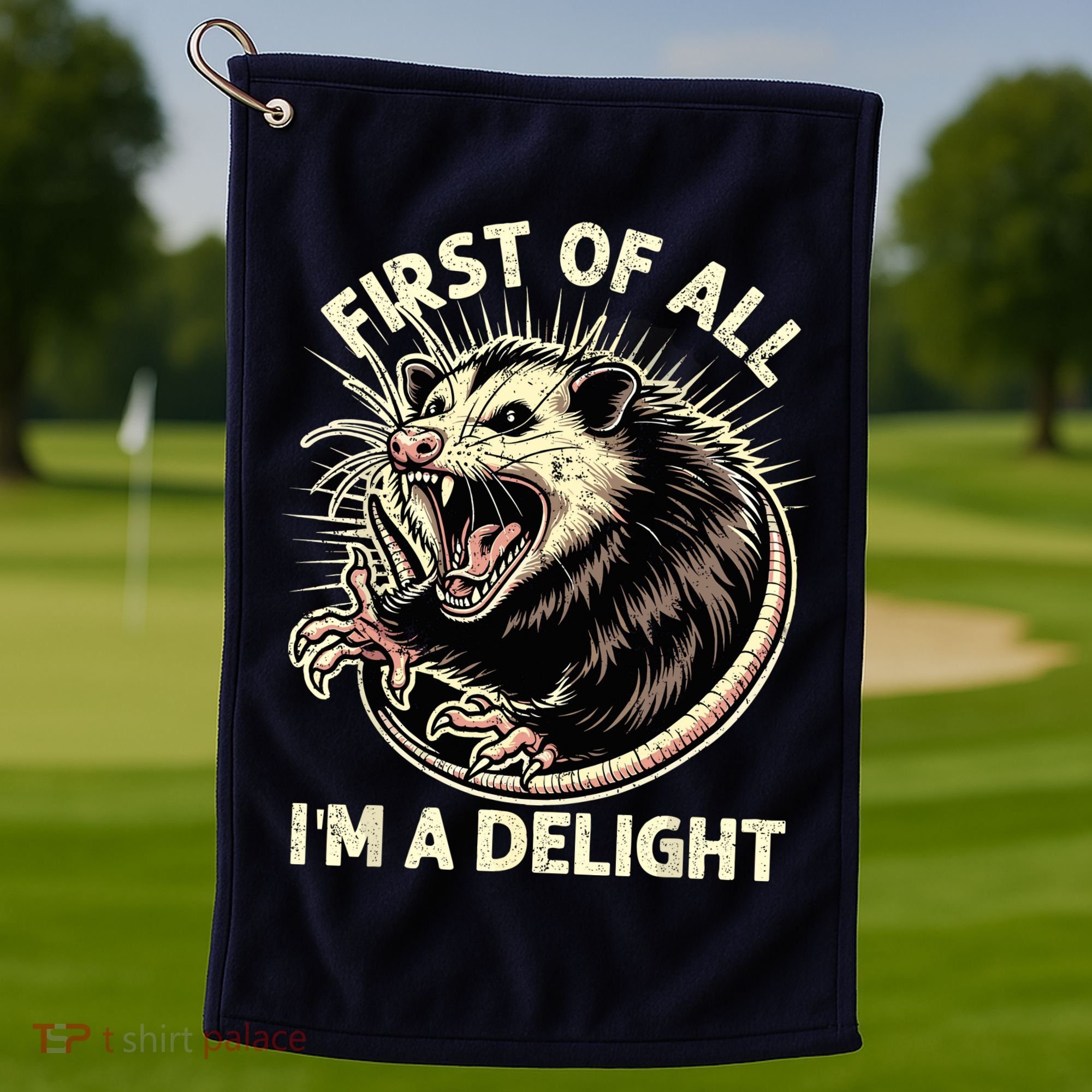 First Of All IM A Delight Sarcastic Possum Angry Opossum Golf Towel