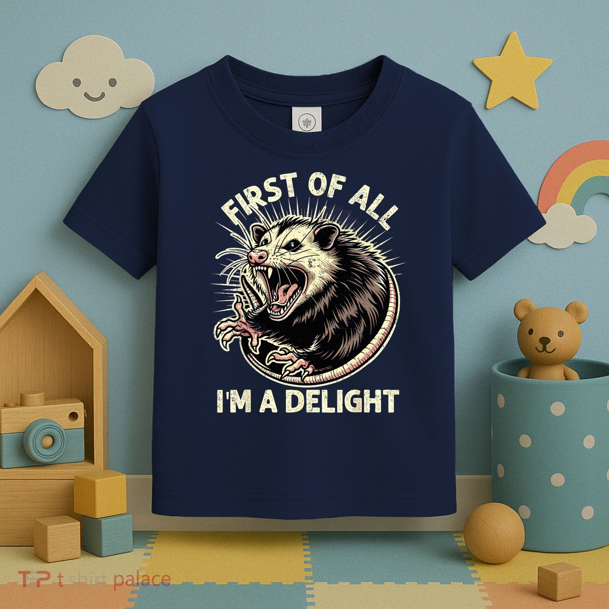 First Of All IM A Delight Sarcastic Possum Angry Opossum Toddler T-Shirt