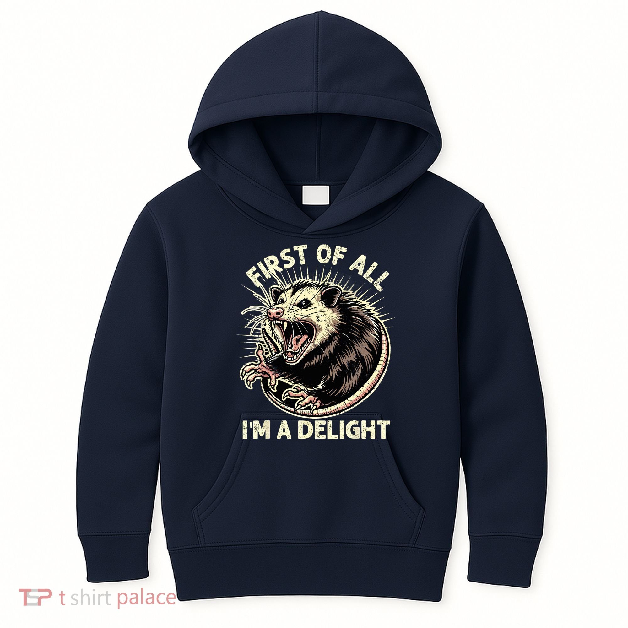 First Of All IM A Delight Sarcastic Possum Angry Opossum Kids Hoodie